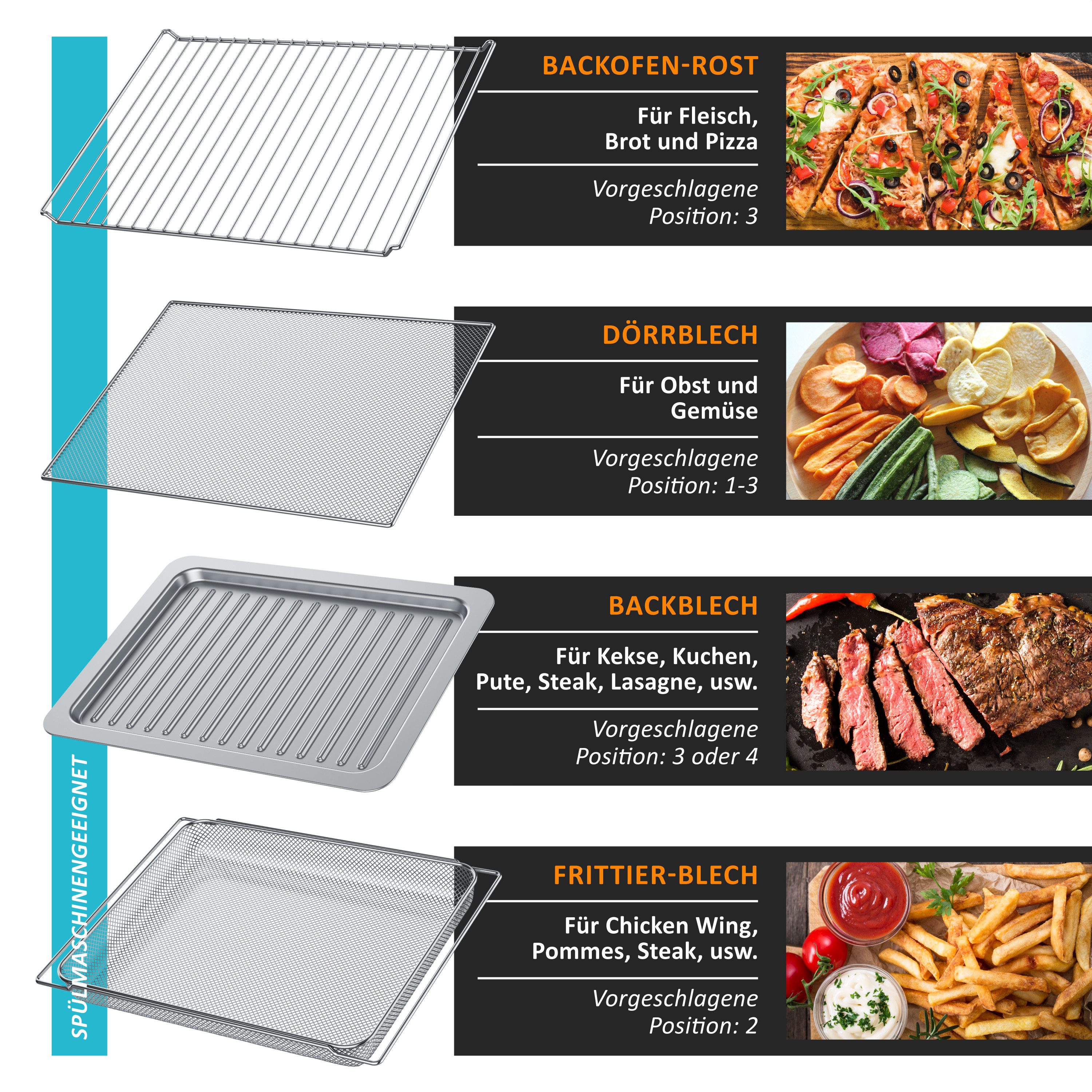 Arendo Minibackofen Airfryer 25L Edelstahl Multifunktionsofen, XXL Heißluftfritteuse 1800W, mini Backofen mit Backpapier, Backblech, Dörrblech, Rost, Frittierko – Bild 4 von 5