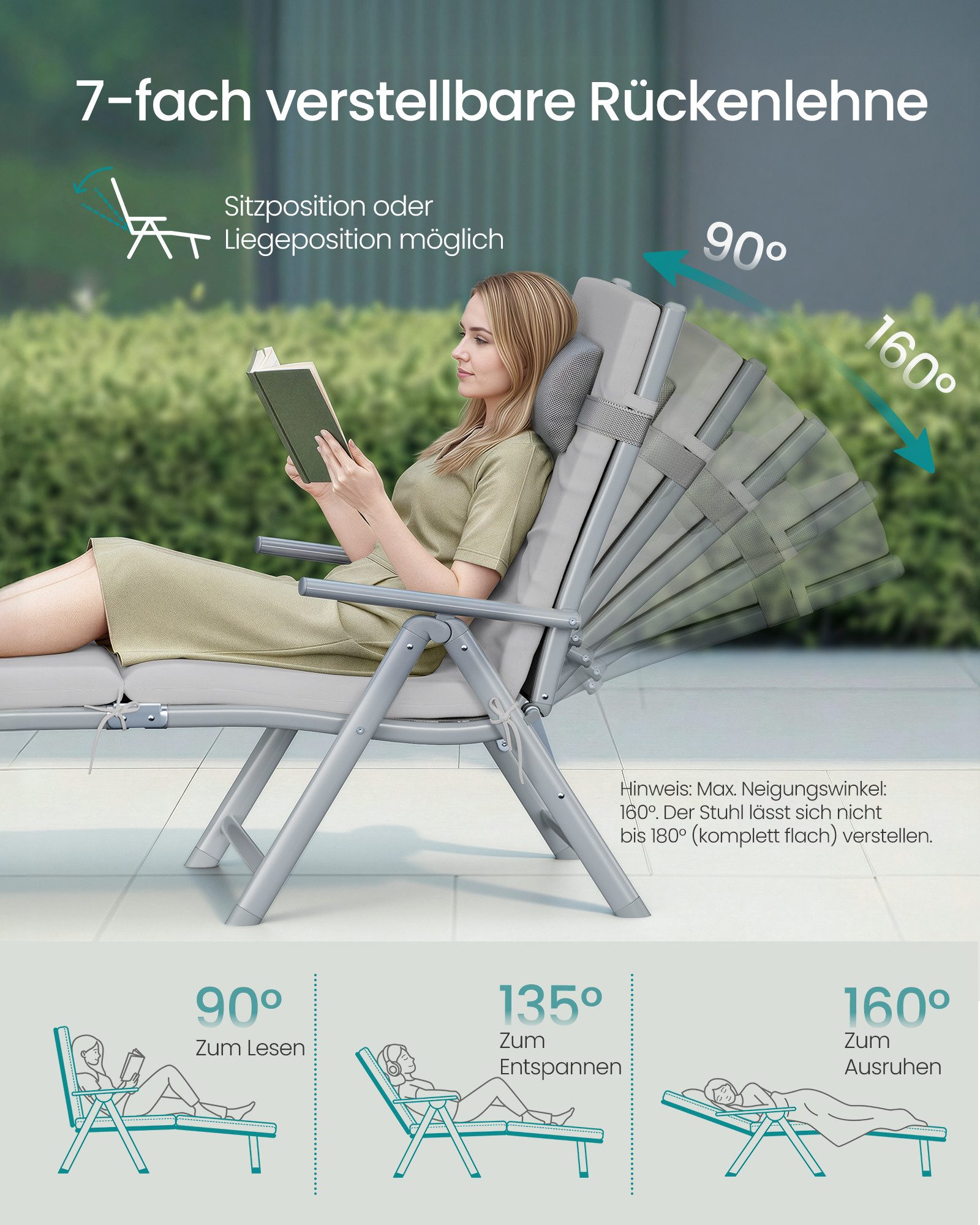 SONGMICS Gartenliege Sonnenliege, klappbar, atmungsaktiv, einstellbare Rückenlehne, 1 St., mit 6 cm dickem Polster, abnehmbares Kopfkissen, bis 150 kg belastbar, 60 x 183 cm