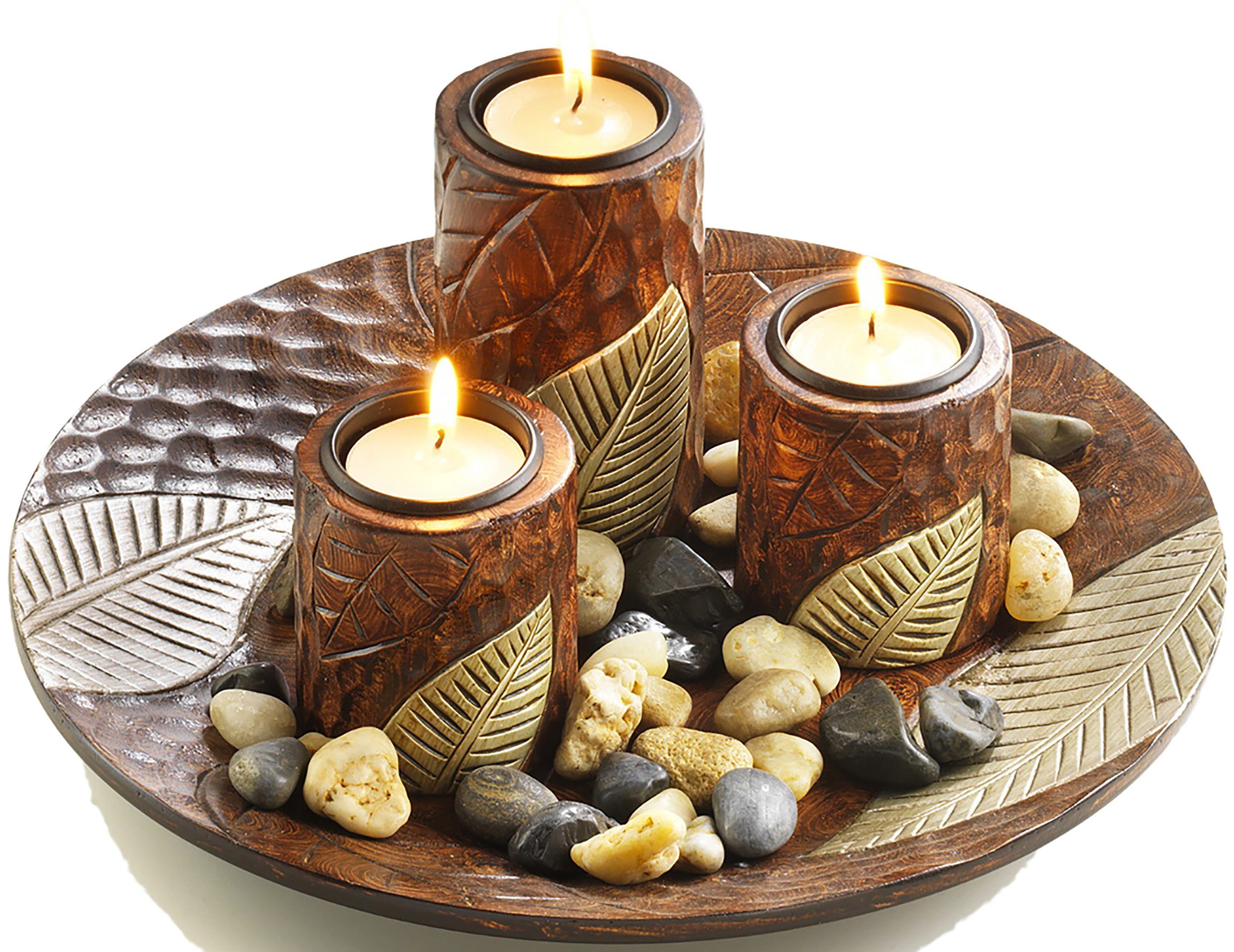 mit braun Kerzenhaltern Dekoschale Kobolo rund Kerzenhalter (Set) drei