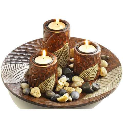 Kobolo Kerzenhalter Dekoschale braun rund mit drei Kerzenhaltern (Set)