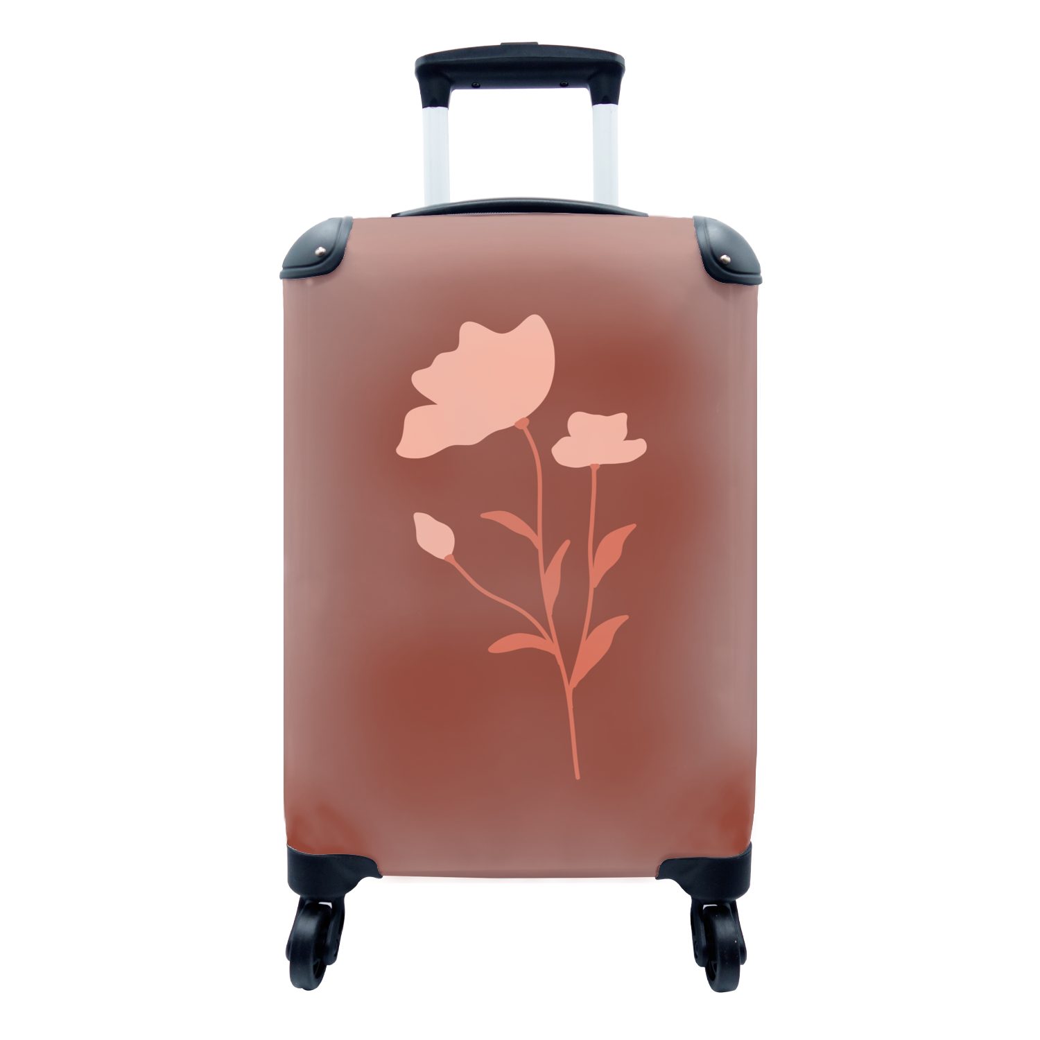 MuchoWow Handgepäckkoffer Illustration einer rosa Blume auf braunem Hintergrund, 4 Rollen, Reisetasche mit rollen, Handgepäck für Ferien, Trolley, Reisekoffer