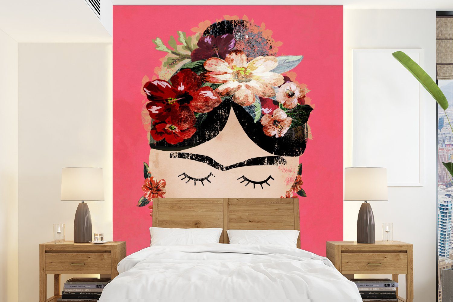 MuchoWow Fototapete Frida Kahlo - Frau - Vintage - Blumen - Kunst, Matt, bedruckt, (4 St), Montagefertig Vinyl Tapete für Wohnzimmer, Wandtapete