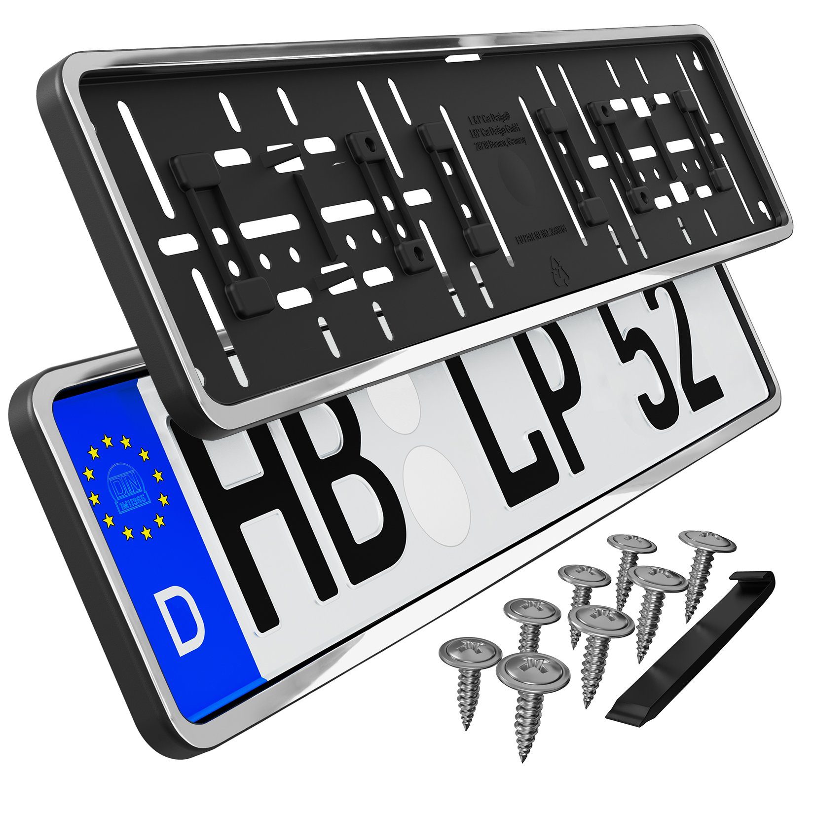 L & P Car Design Kennzeichenhalter für Auto mit umlaufendem Rahmen in Chrom, (2 Stück)
