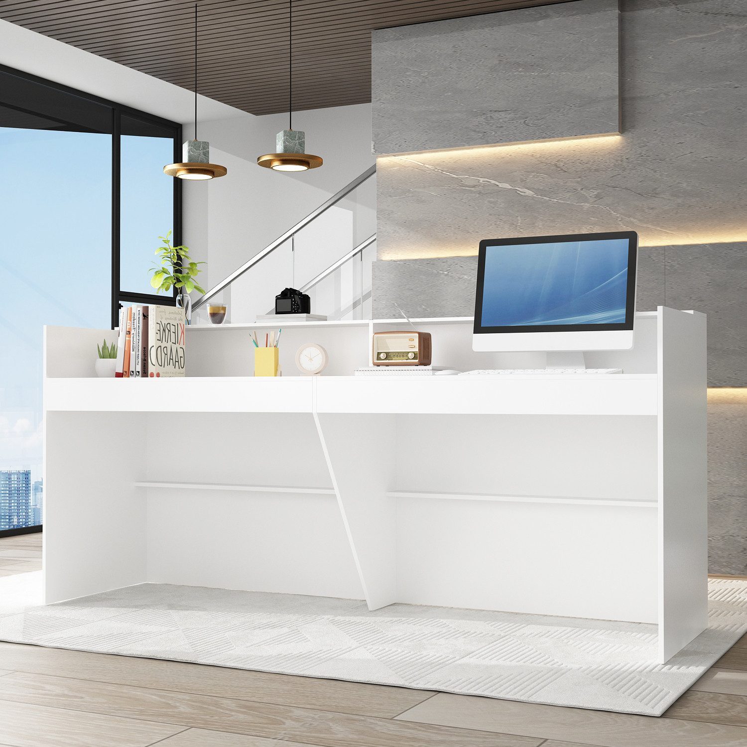 HOMSEE Empfangstheke Empfangstresen Weiß MDF, 220×110×61 cm mit Großer Arbeitsfläche (1-St), Moderne Optik, Ideal für Büro, Salon & Café