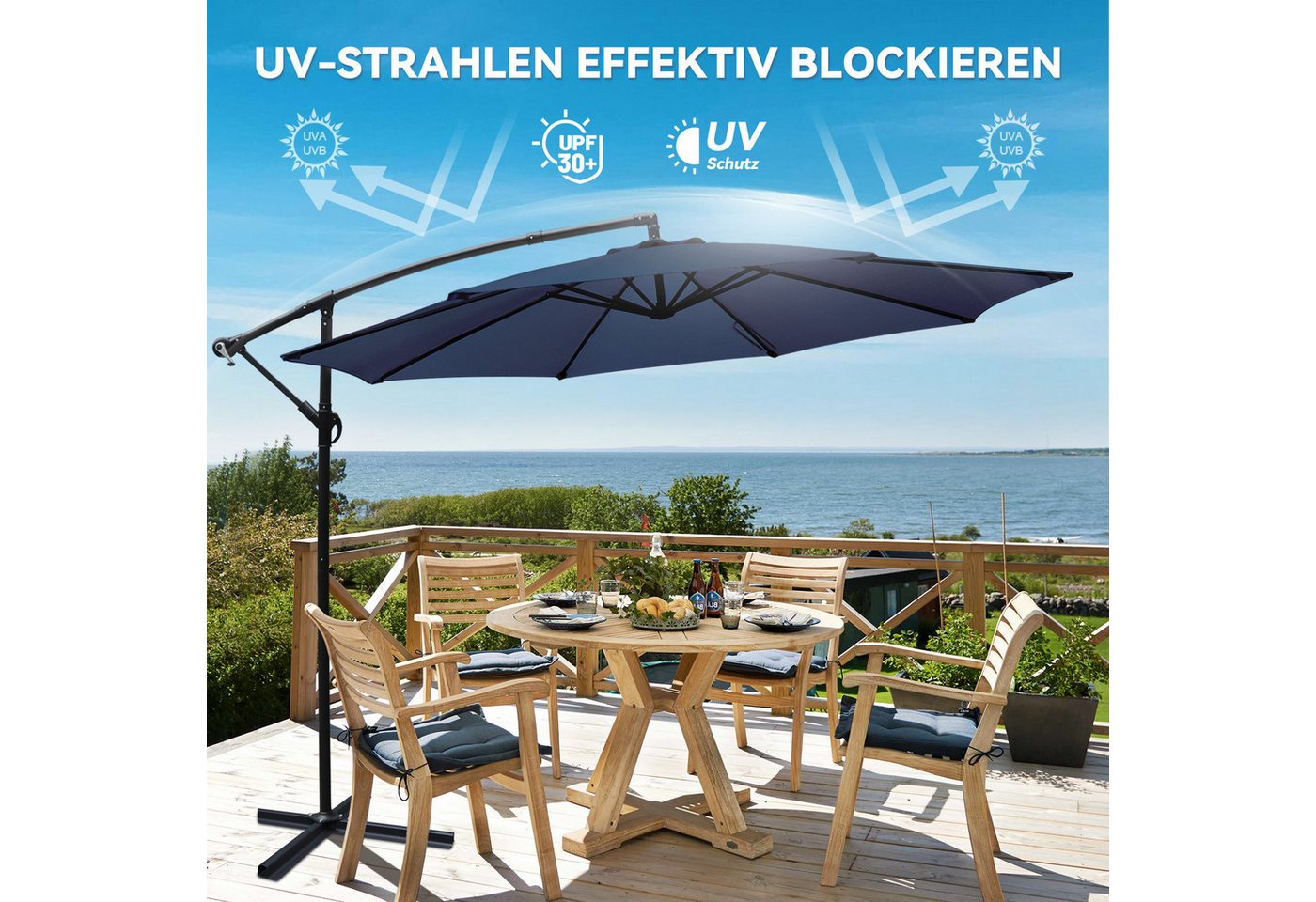 Thumbnail - Puluomis Sonnenschirm verstellbare Ampelschirm mit Kurbel ohne Ständer, Ø300cm UPF 30+, Aluminiumrahmen Balkonschirm Str...