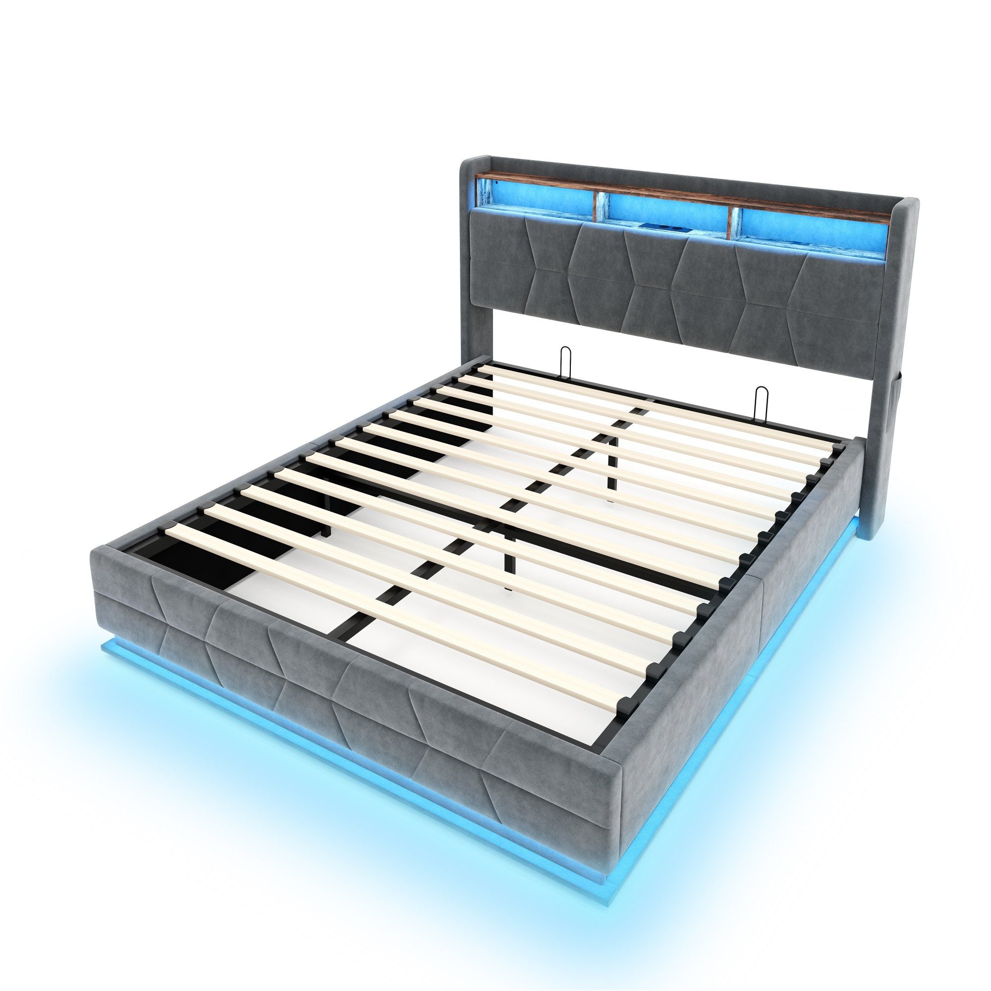 LVHOM Boxbett 140/160x200, 140x190cm, LED-Licht, multifunktionales Kopfteil, USB/-C (Samtstoff, hydraulisches Stausystem, offenes Kopfteil, Seitentaschen für die Fernbedienung, USB-/Typ-C-Ladeanschlüsse, Metallrahmen mit Holzlattenrost, 300 kg Belastbarkeit), Staubschutzhülle, geeignet für verschiedene Schlafzimmer
