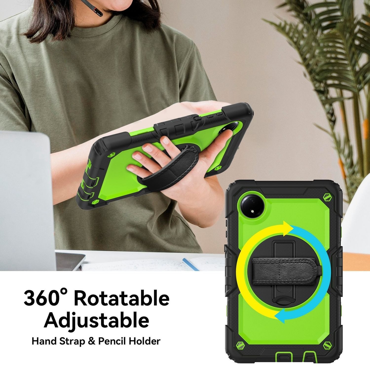 Wigento Tablet-Hülle Für Xiaomi Redmi Pad SE 8.7 360 Grad Rotation Hybrid PC Hülle Grün, Drehhalterung, Schulterriemen, Rundumschutz