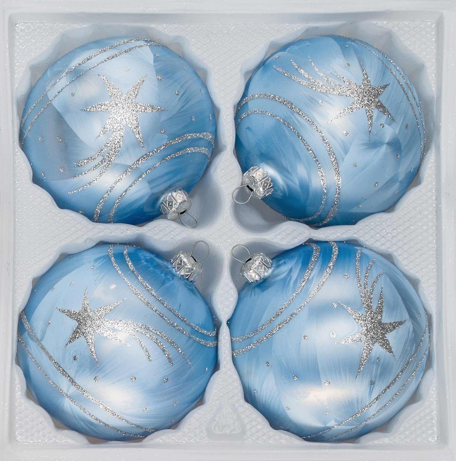 Navidacio Weihnachtsbaumkugel 4 tlg. Glas-Weihnachtskugeln Set 12cm Ø in Ice Blau Silber Komet