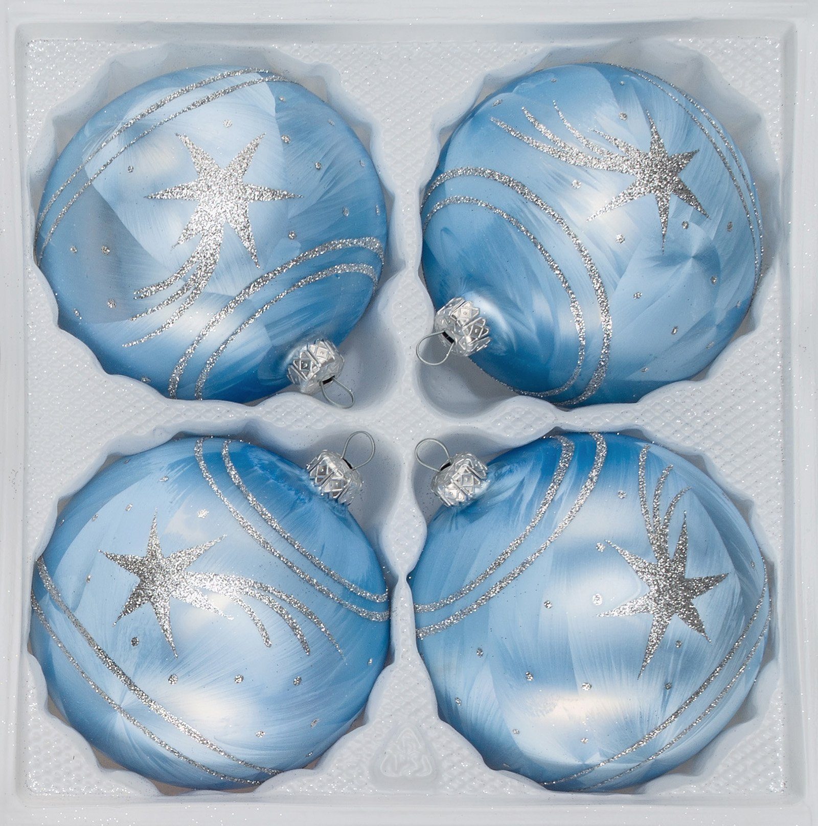 Weihnachtsbaumkugel 4 tlg. Glas-Weihnachtskugeln Set 8cm Ø in Ice Blau Silber Komet