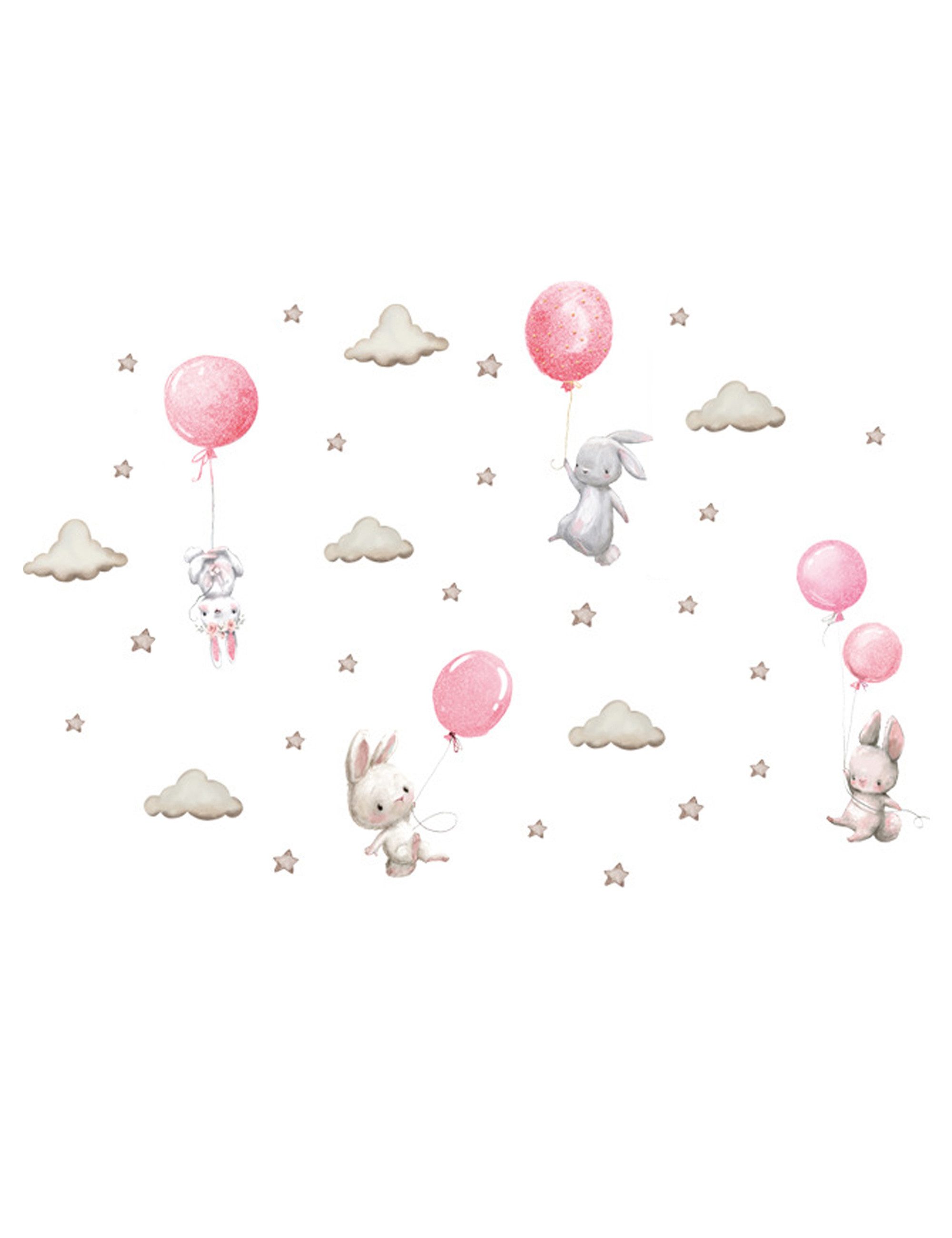 Sipo Wandbild Wandaufkleber Hase, Sterne, Rosa Luftballons