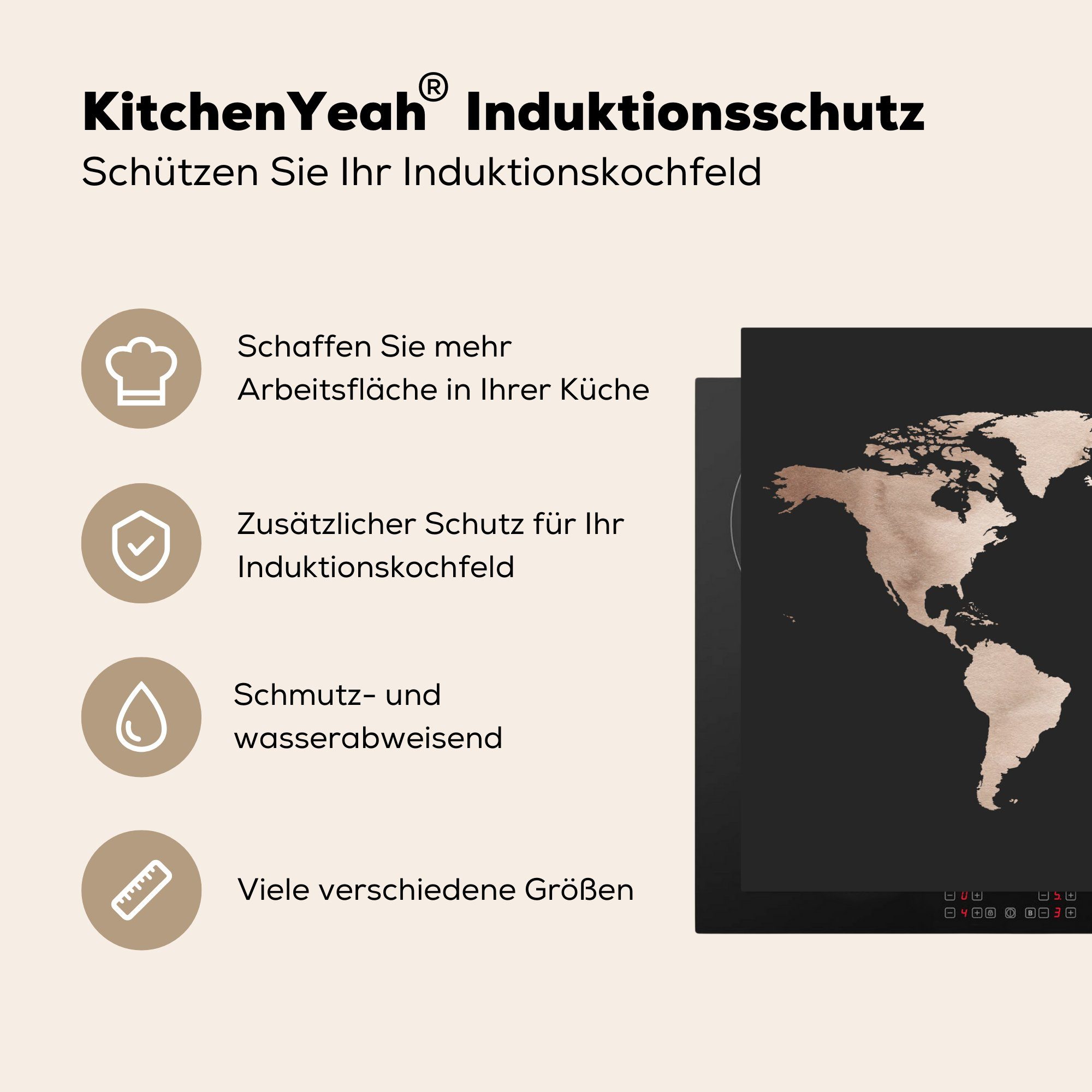 Vinyl, Braun tlg), Ceranfeldabdeckung die - cm, Schwarz, (1 Herdblende-/Abdeckplatte Weltkarte für Schutz - Induktionskochfeld 81x52 MuchoWow küche,