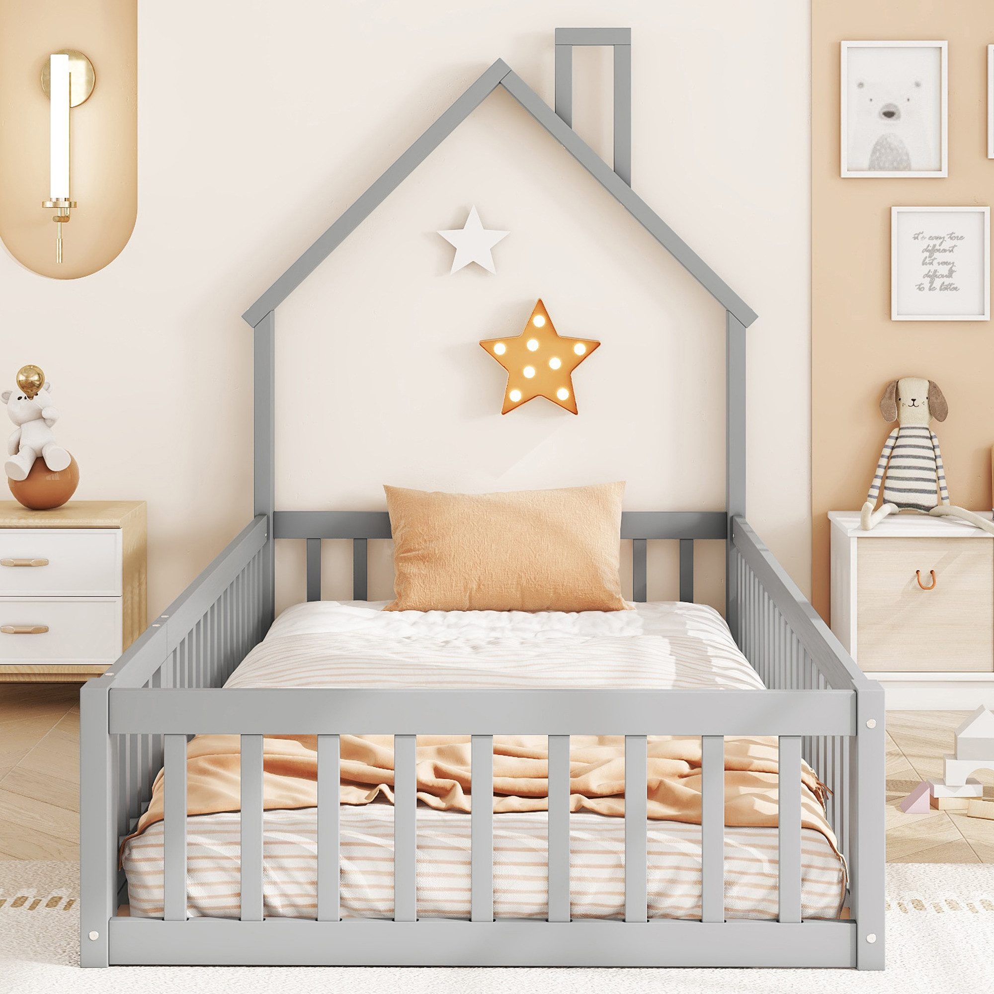Flieks Kinderbett, Massivholzbett 90x200cm mit Schornsteinform günstig online kaufen