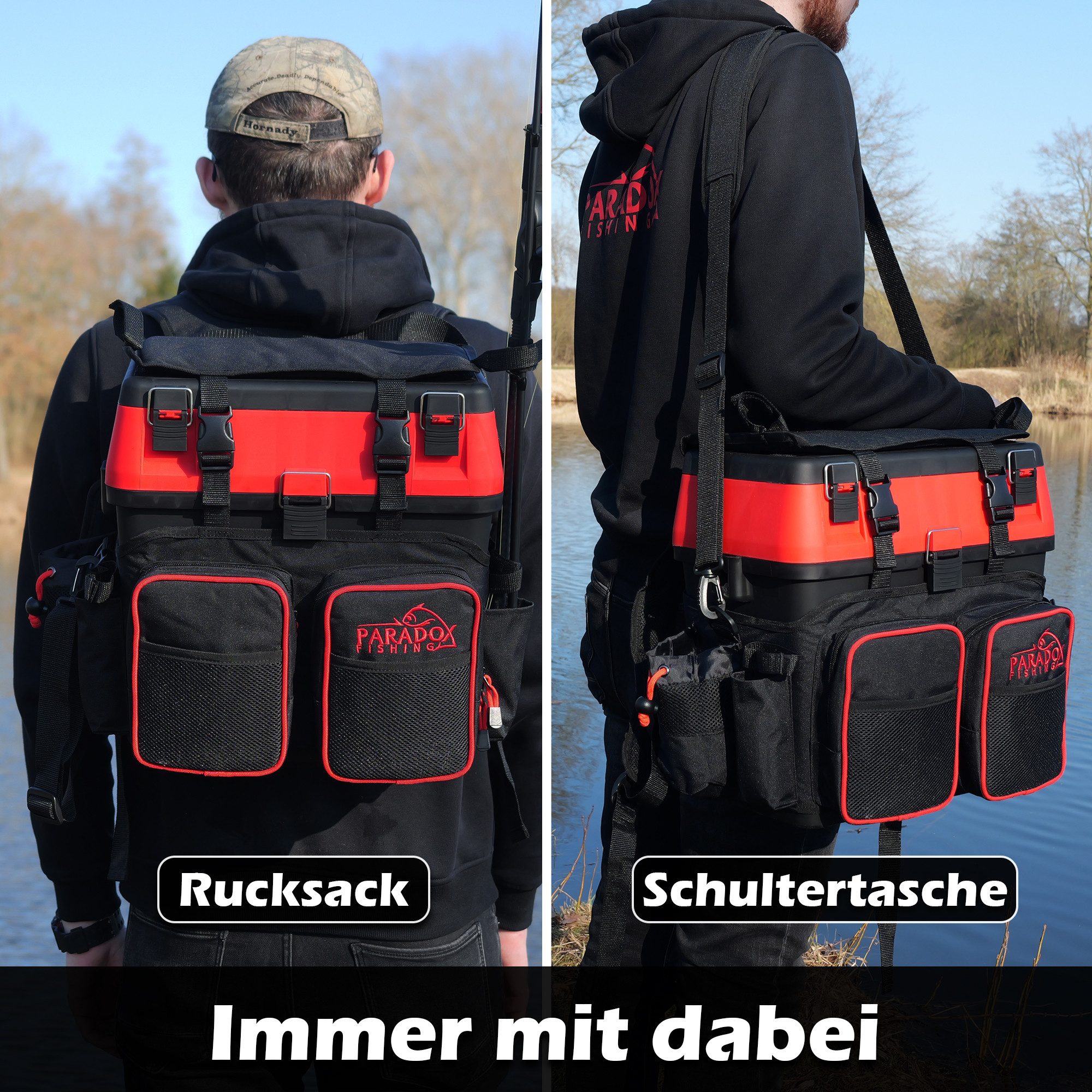 Paradox Fishing Angelrucksack 3-in-1 Multifunktions-Sitzkiepe mit 4 Boxen im Deckel (1-tlg), Zangenhalterung