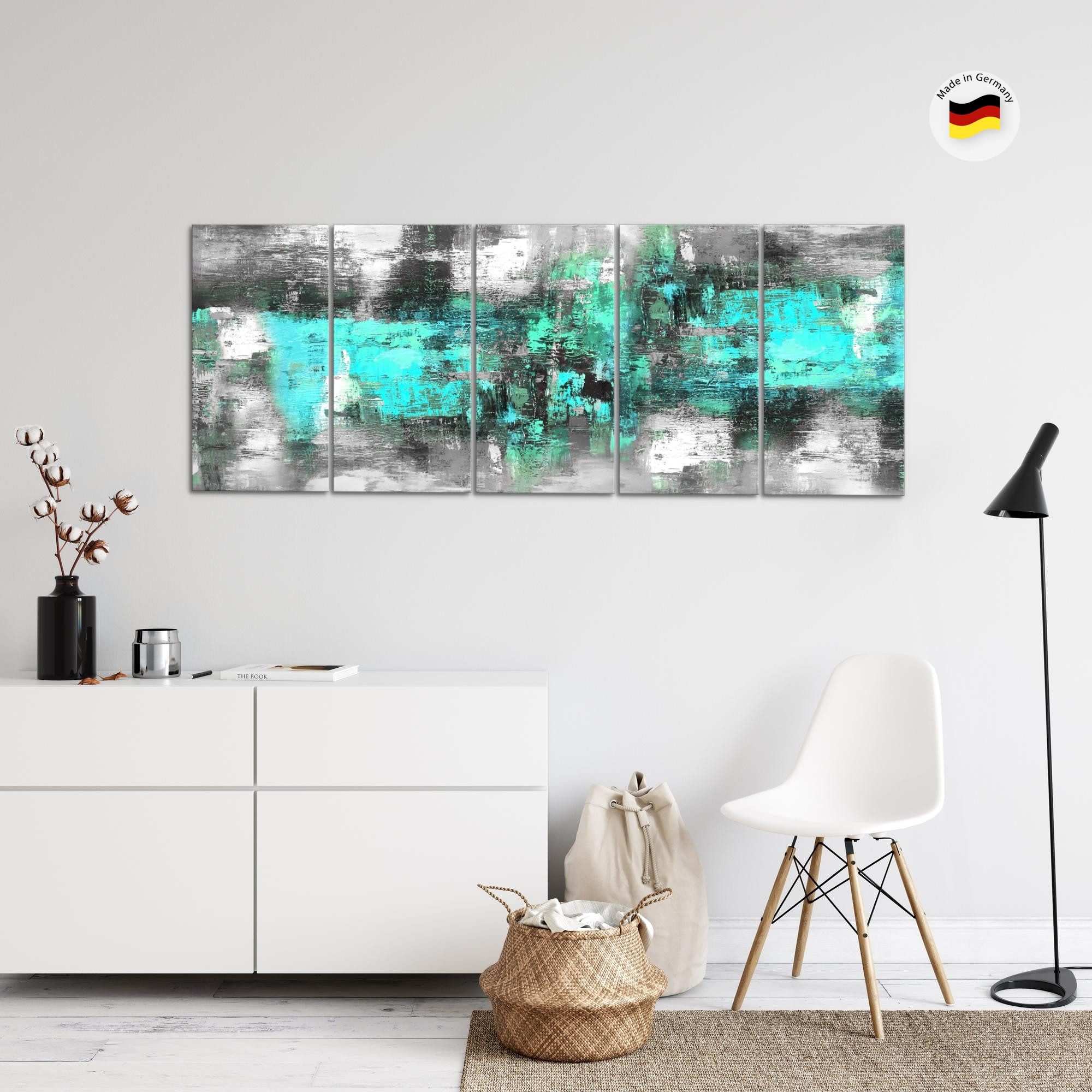 Runa Art Wandbild Abstrakt Schlafzimmer Türkis Grau 5 Teilig Made in Germany 033855b, 200L x 80B cm