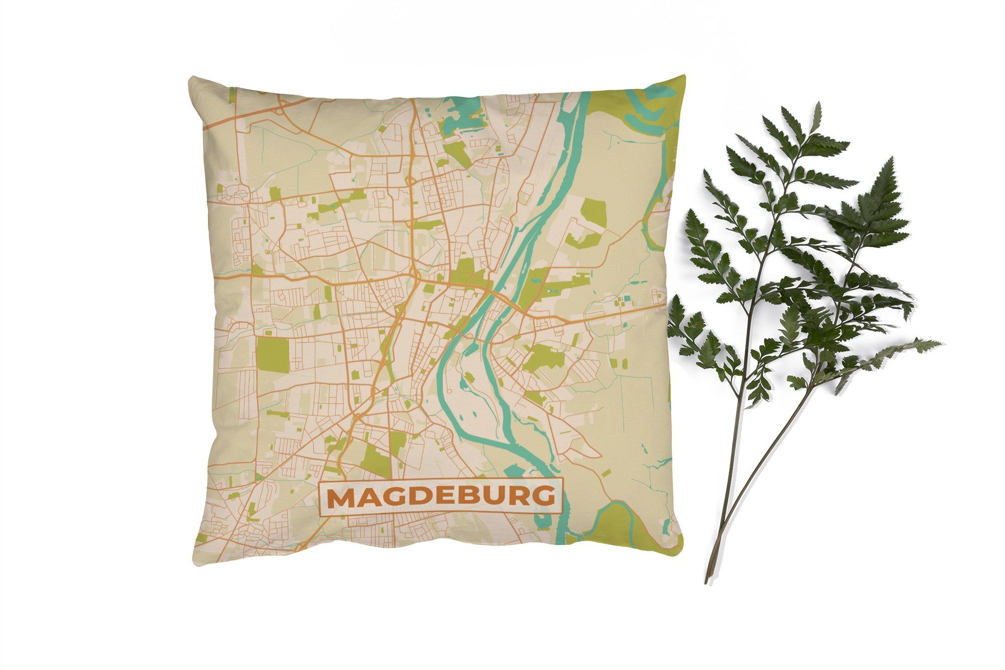MuchoWow Dekokissen Macdeburg - Stadtplan - Vintage - Karte, Zierkissen mit Füllung für Wohzimmer, Schlafzimmer, Deko, Sofakissen