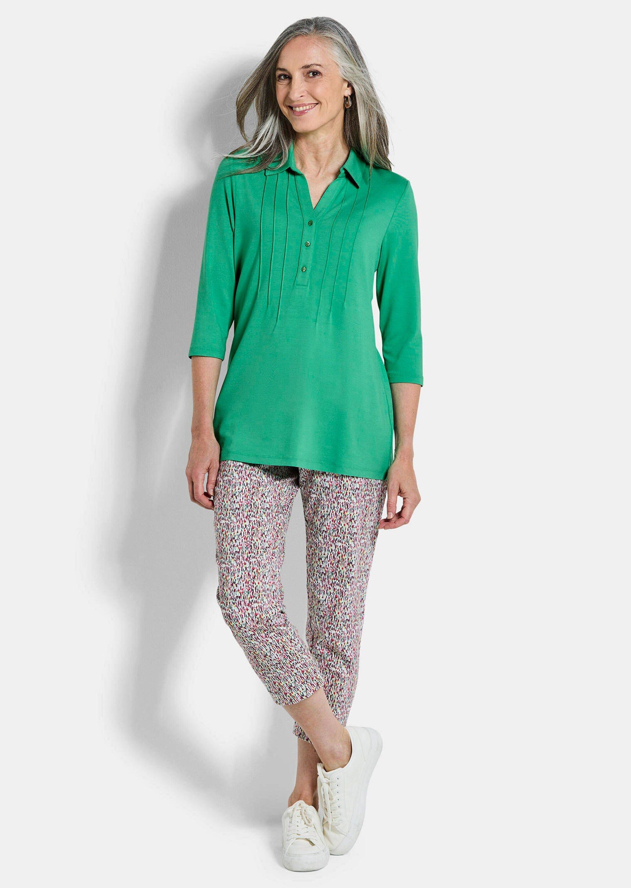 GOLDNER Tunika Kurzgröße: Elegantes Blusenshirt mit Biesen Jerseybluse mit offenem Hemdkragen, Knopfleiste und 3/4-Ärmeln