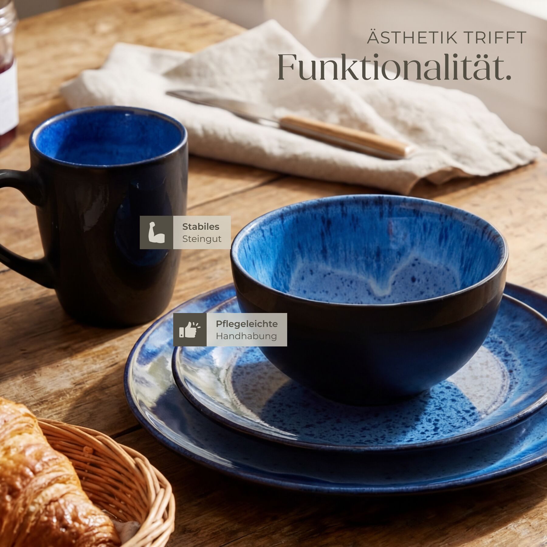 tectake Geschirr-Set Tafelservice aus Steingut für 6 Personen, ineinander stapelbar (30-tlg), 6 Personen, Steingut, handgefertigt, mit Glasur, spülmaschinen- un – Bild 4 von 5