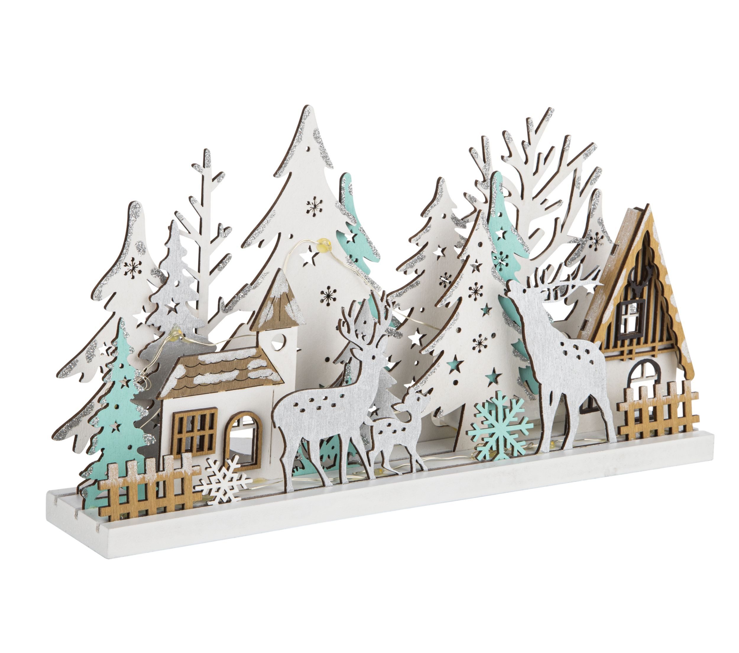 Rungassi Weihnachtsdorf Winterkulisse Holz Silhouette mit 15 Warm-Weißen LED´s 30cm 54902