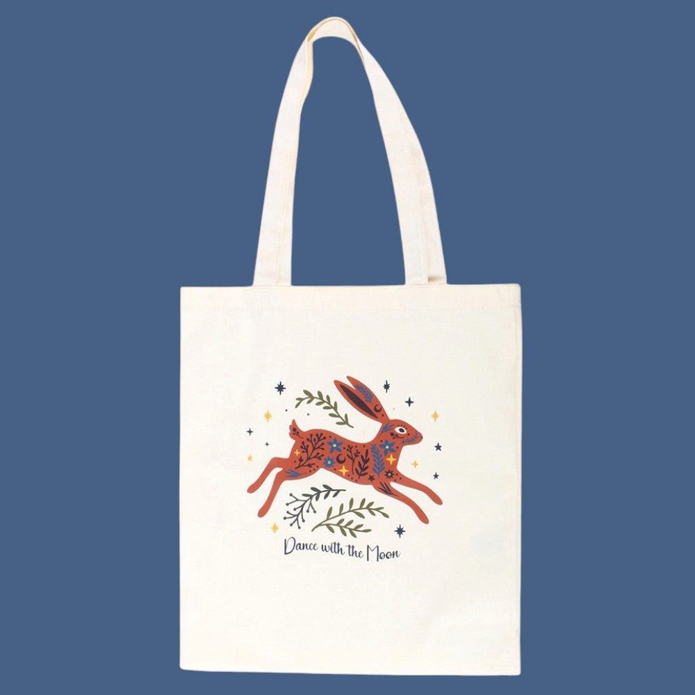 Something Different Schultertasche Dance with the Moon – Vintage Hasen Stofftasche Umhängetasche, Canvas-Tasche mit Vintage-Hasenmotiv und Mond-Design