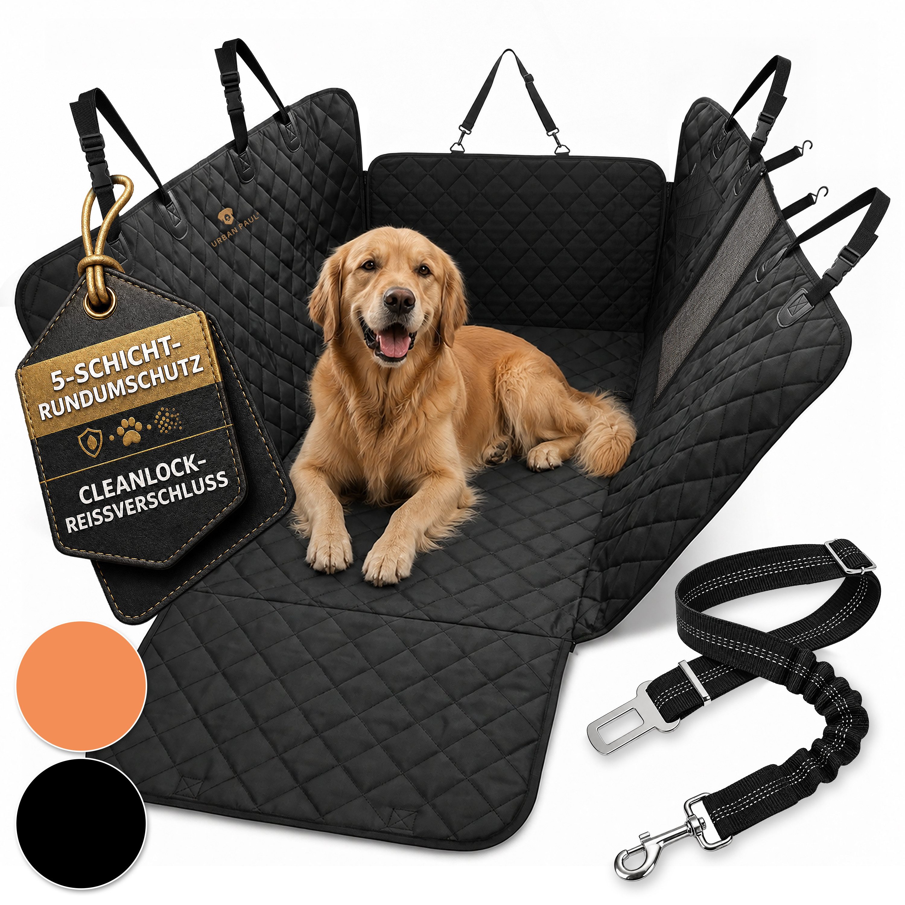 URBAN PAUL Tier-Autoschondecke Hundedecke Auto Rückbank – Robuster Rückbankschutz, CleanLock-Gurtdurchführung, 5-Schicht-Aufbau, flexible Sitzfreigabe
