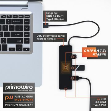 Primewire USB-Adapter, 150 cm, 4-Port aktiver Ultra Slim USB 3.2 Hub / Verteiler, Netzteil, Hot-Plug