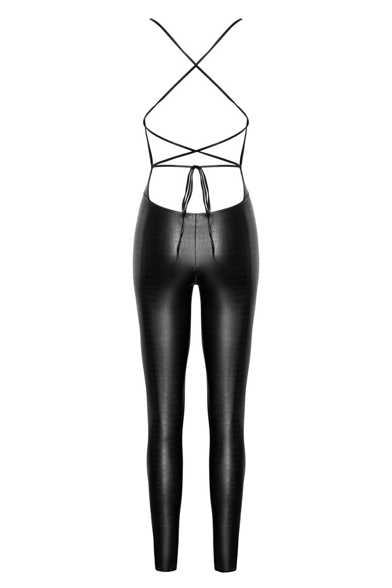 Noir Handmade Overall Schwarzer Damen Wetlook Catsuit ouvert mit Krokodilmuster und Reißvers
