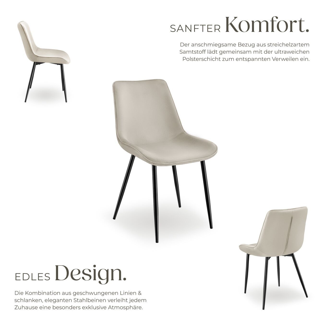 tectake Esszimmerstuhl Set Stuhl Monroe Samtoptik (Set, 2 St), Ergonomisch geformte Sitzschale mit großer Rückenlehne