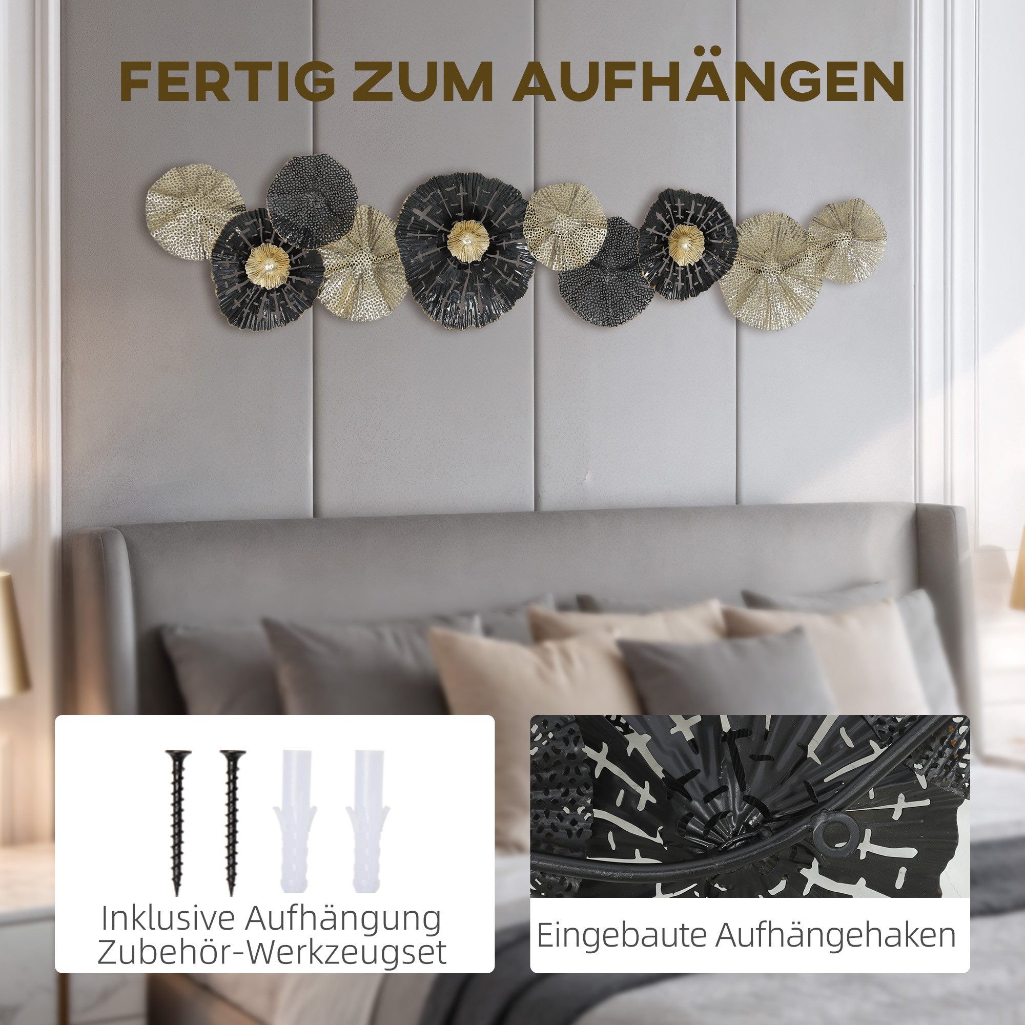 HOMCOM Wandbild Wanddeko 3D Metallbild 134cm Wandskulptur Schwarz+Hellgold, kreisförmige Scheiben (Wanddeko, 1 St), für Schlafzimmer Esszimmer Wohnzimmer – Bild 5 von 5