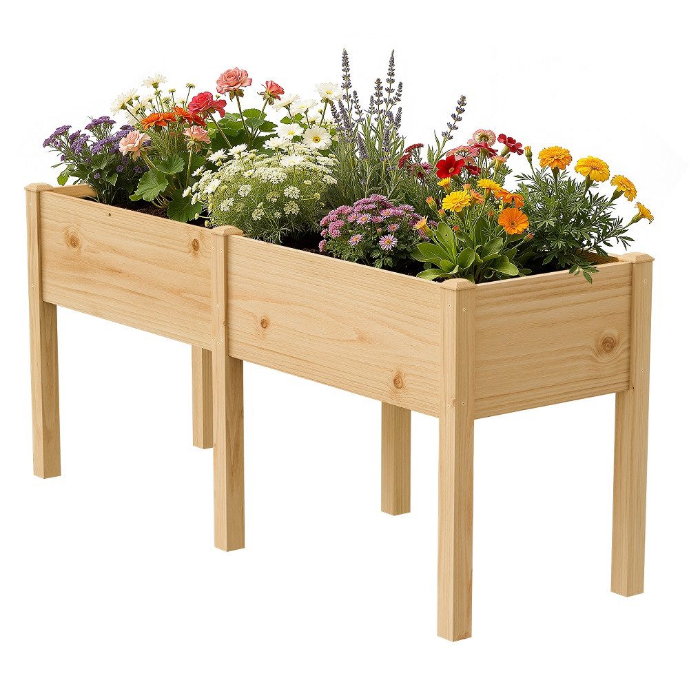 Hochbeet aus Holz mit Beinen, natürlicher Pflanzkasten aus massivem Kiefernholz