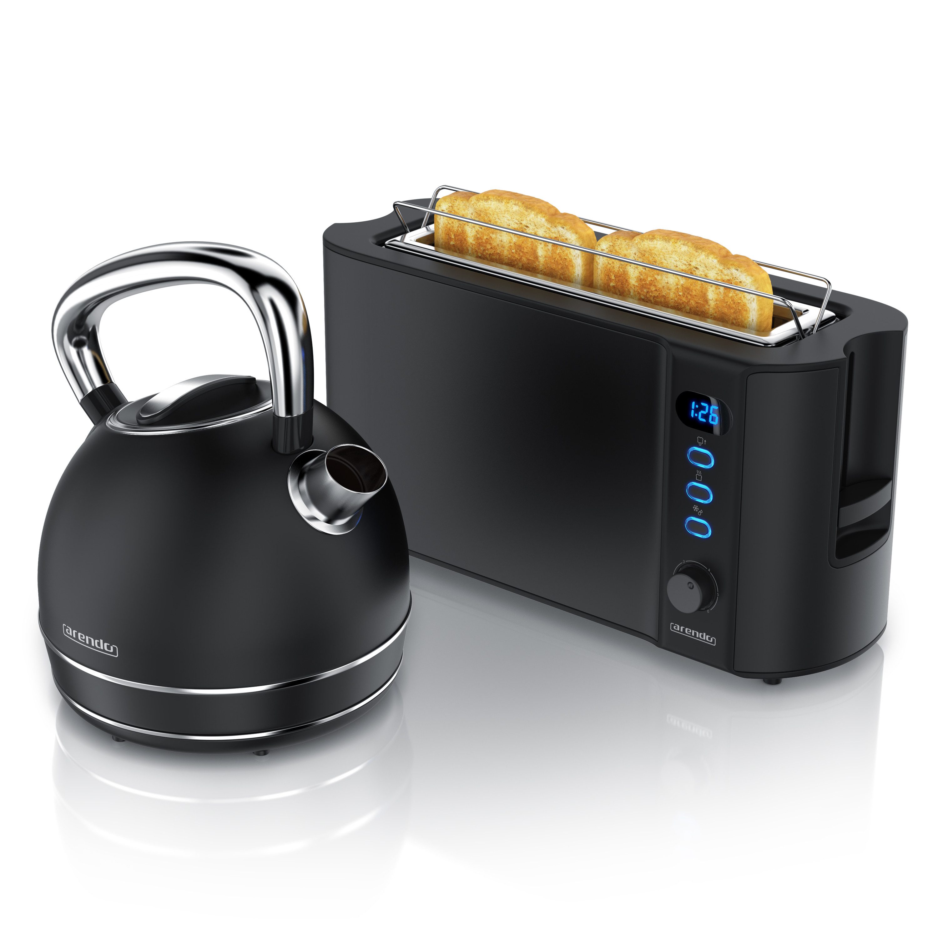 Arendo Frühstücks-Set Edelstahl Wasserkocher 1,7l, 2-Scheiben Langschlitz Toaster, schwarz (2-tlg), Frühstücksset, Wasserkocher Retro, 2200W, Toaster Brötchenaufsatz