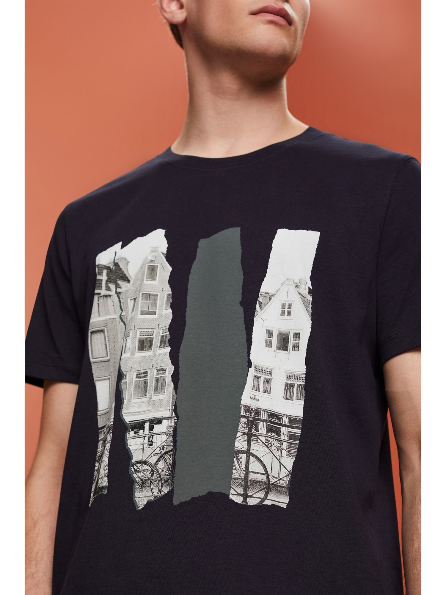 100 % T-Shirt (1-tlg) NAVY Rundhals-T-Shirt mit Esprit Baumwolle Print,