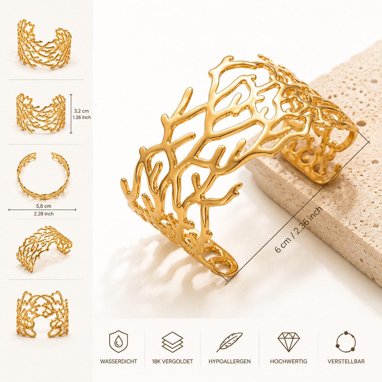 XCOAST Armreif Edelstahl Armreif Damen Gold – Boho Schmuck im Korallendesign (Statement Armreif, Geometrischer Armreif), Boho Armreif Damen, Armreif Gold Damen