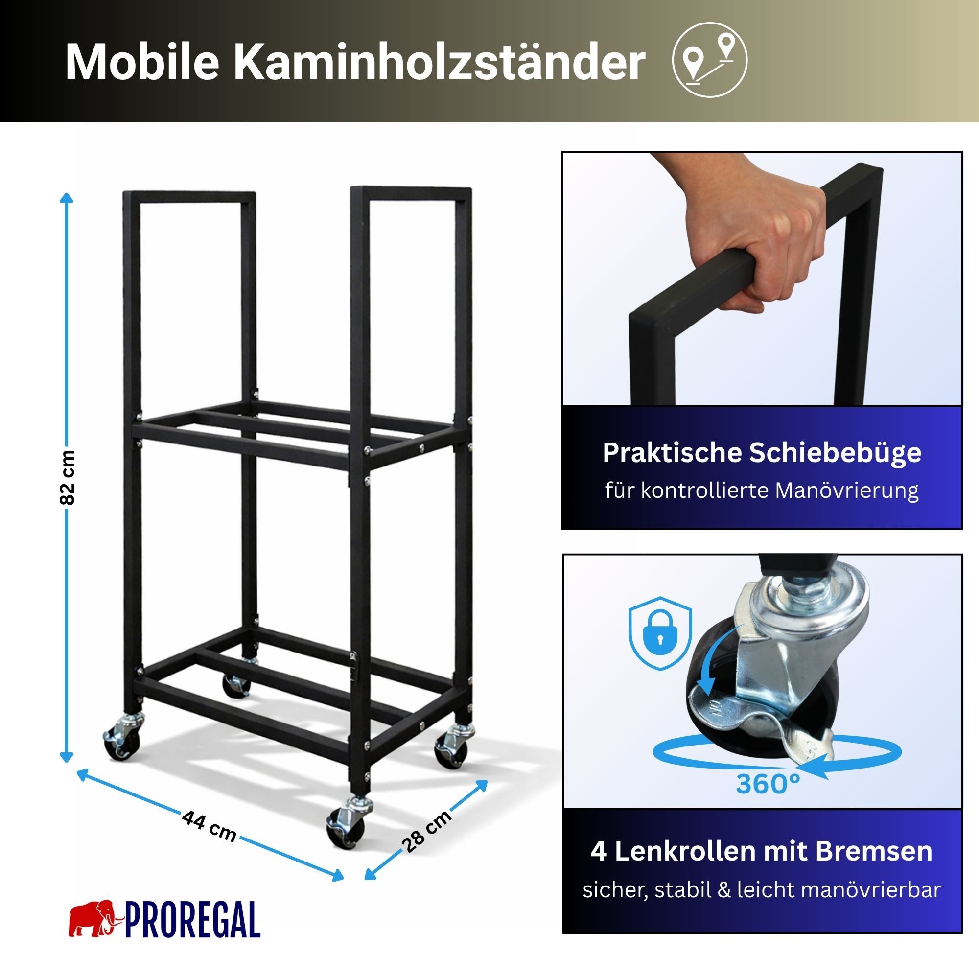 PROREGAL® Kaminholzregal PHOENIX mit Rollen & 2 Ebenen 82x44x28cm Metall Schwarz Holzständer, BxTxH:44x28x82 cm, Holzständer Holzhalter Kaminholzständer Brennho – Bild 4 von 5