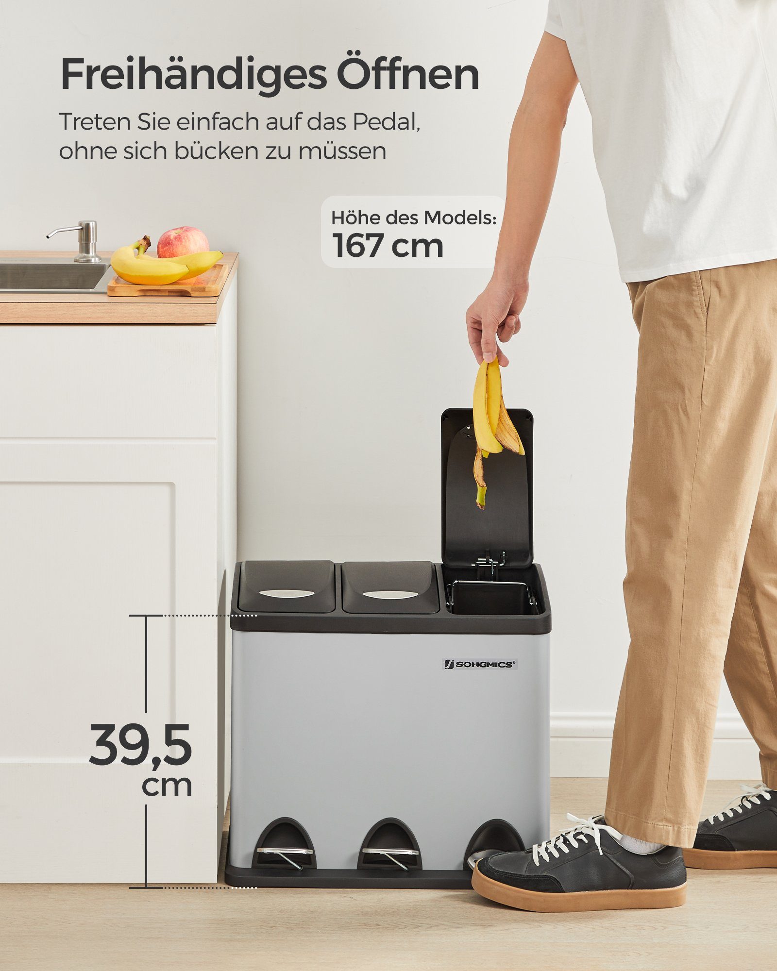 SONGMICS Mülleimer 3x8 L, kleine Kapazität, Mülltrennsystem 3 Fächer, für kleine Familien, Küche, mit Deckel, Stahl-Treteimer, Pedale und Inneneimer, taubengrau