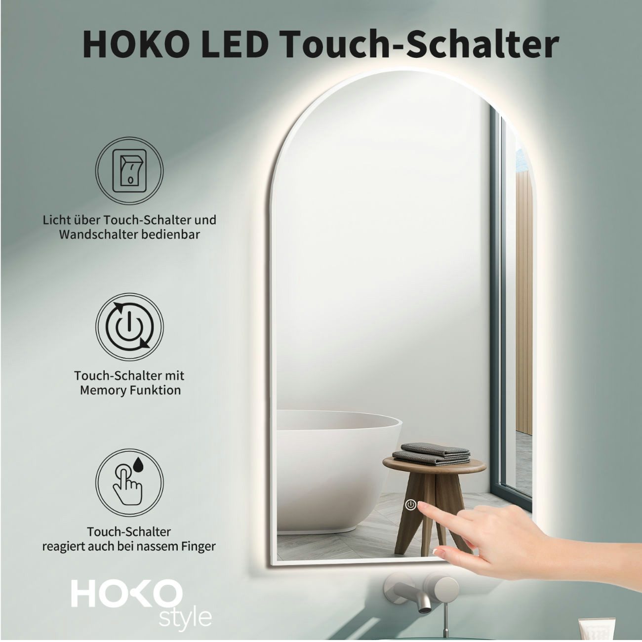 HOKO Badspiegel mit Beleuchtung, Badezimmerspiegel bogen 50x90 cm / 60x100 cm (HOCH+QUER Montage, Schwarz/Gold/Weiß Wandspiegel+Warmweiß/Kaltweiß/Neutral), LED Wandspiegel, Schminkspiegel, Badezimmerspiegel