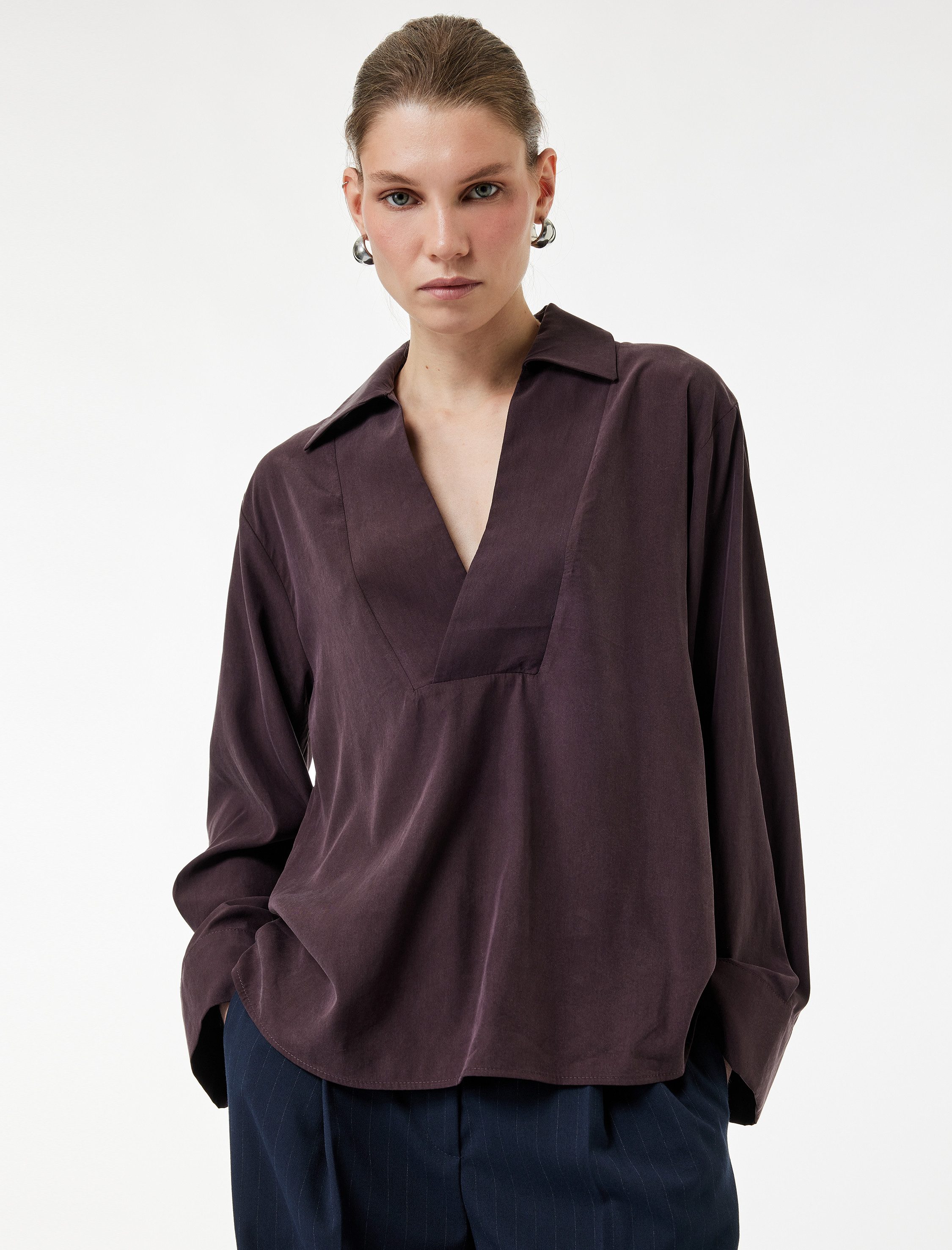 Koton Langarmbluse Koton V-Ausschnitt Bluse Lyocell