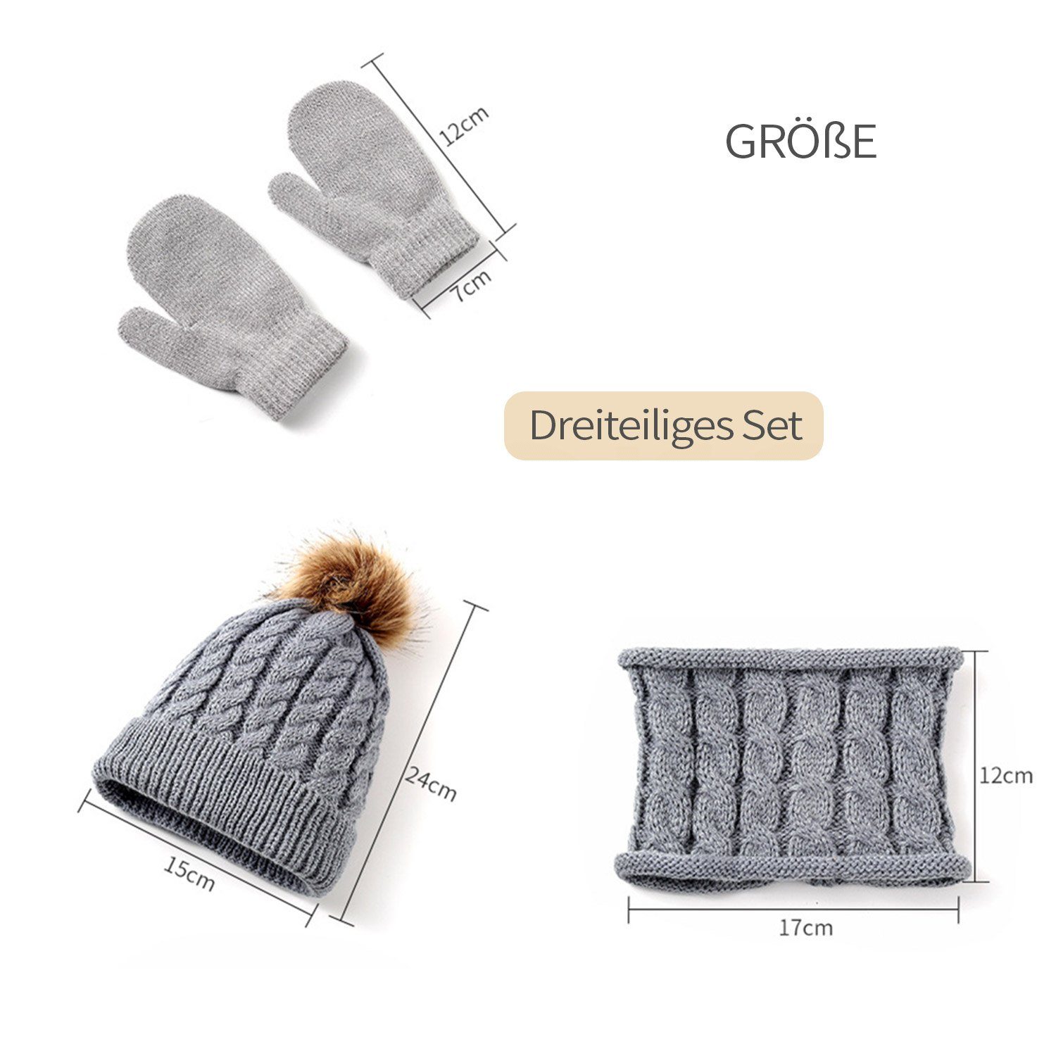 Schal-Set Handschuhe, Kindermütze, Daisred Grau Jerseymütze 3-in-1-Winterset