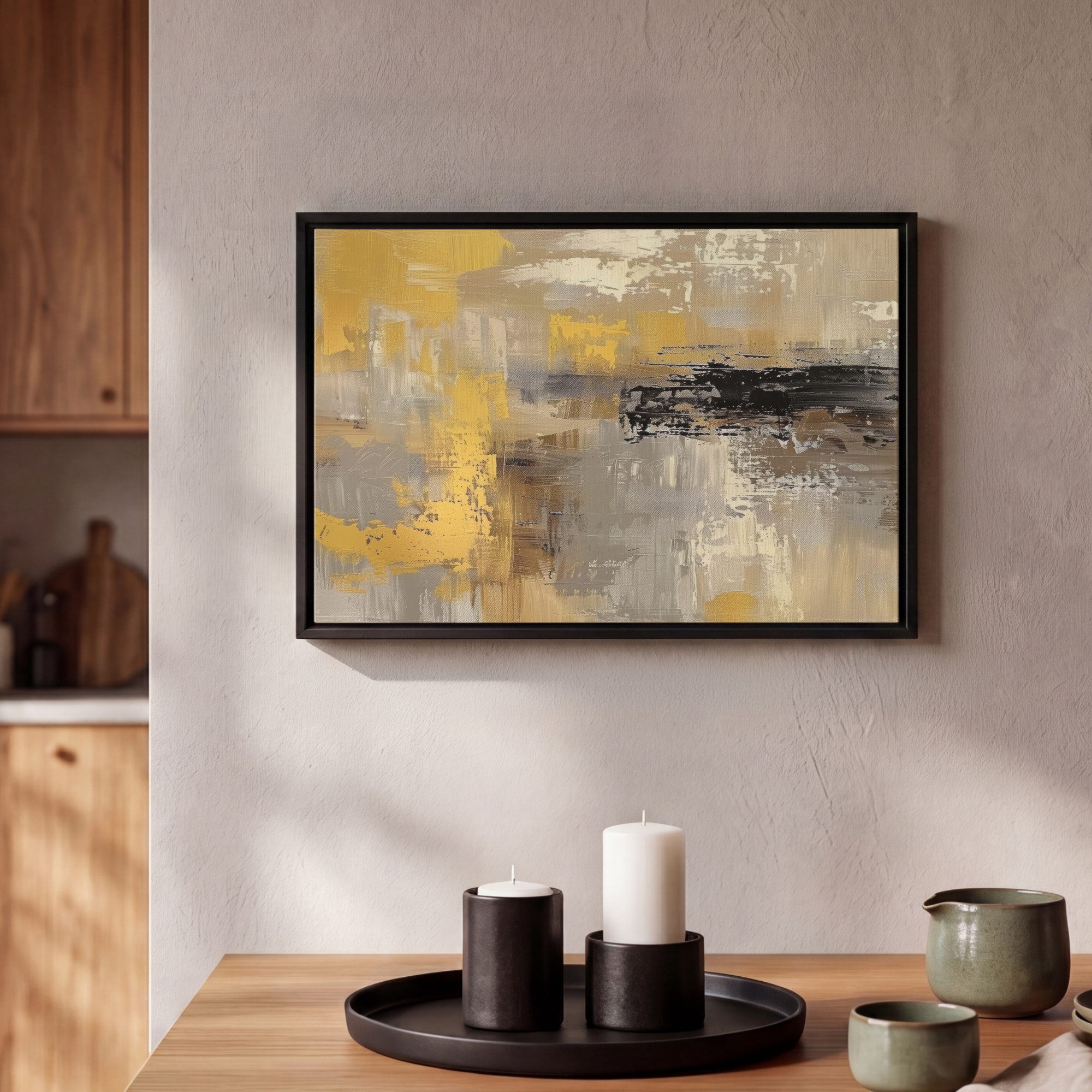 OneMillionCanvasses® Leinwandbild mit Rahmen - Abstrakt - Gelb - Modern - Beige, Fotodruck (1 St), Bilder, Zimmer Wand Bild Dekoration 30x20cm