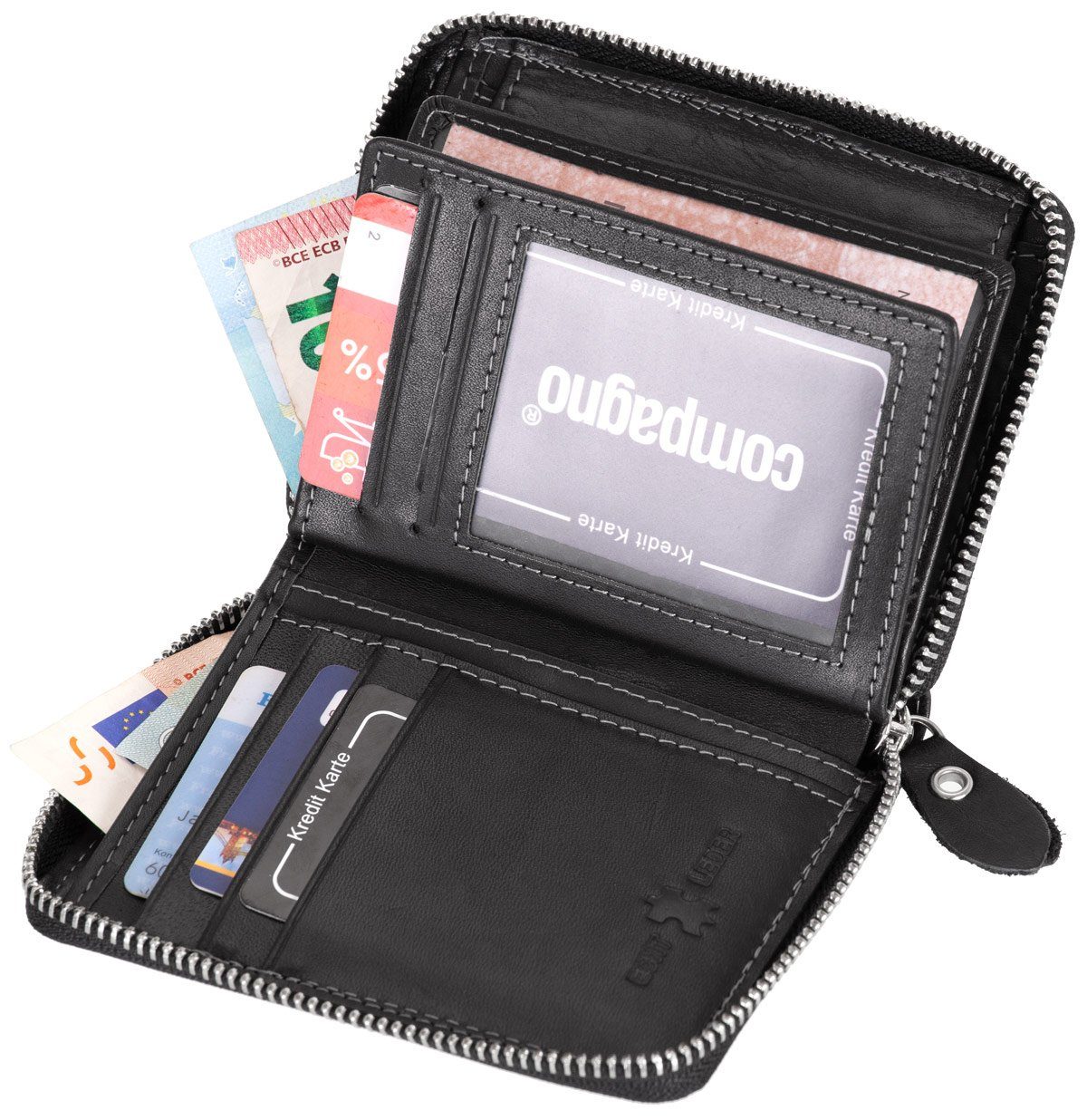 compagno Geldbörse, Echt-Leder Geldbeutel mit umlaufendem Reißverschluss Herren Portemonnaie Damen Geld-Börse