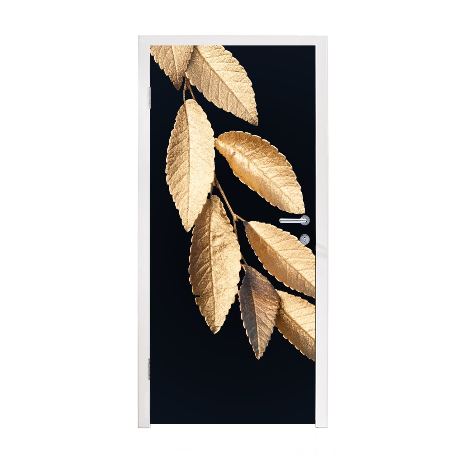 Matt, - Schwarz - 75x205 - für bedruckt, Türtapete Luxus (1 Fototapete Gold Pflanzen, Blätter cm Türaufkleber, MuchoWow - St), Tür,