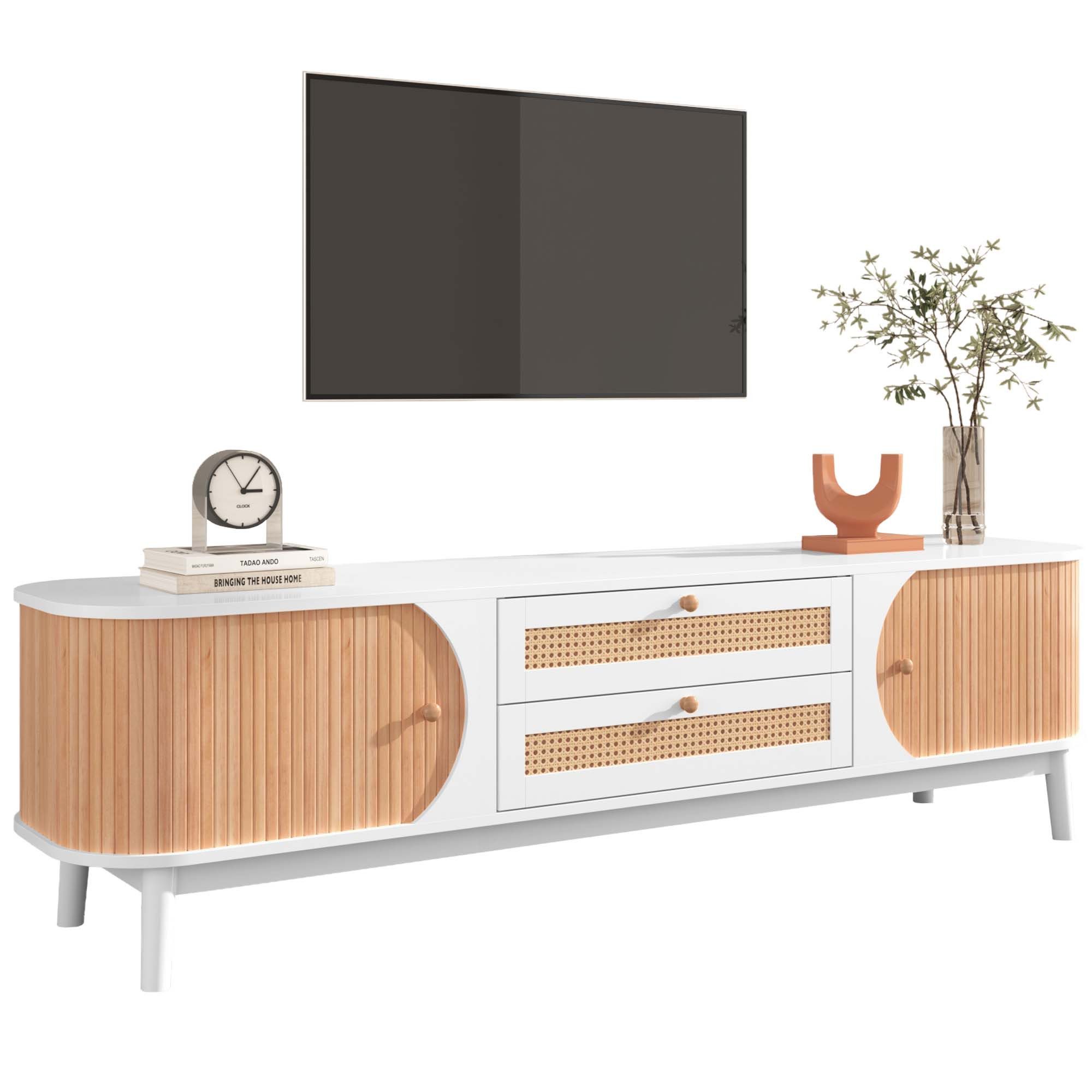 trends for living TV-Schrank TV-Schrank-Natürlicher Holz-Blend TV-Schrank mit Türen und Schubladen TV-Ständer Rattanseiten Aufbewahrungslösung Natürlicher Landhausstil