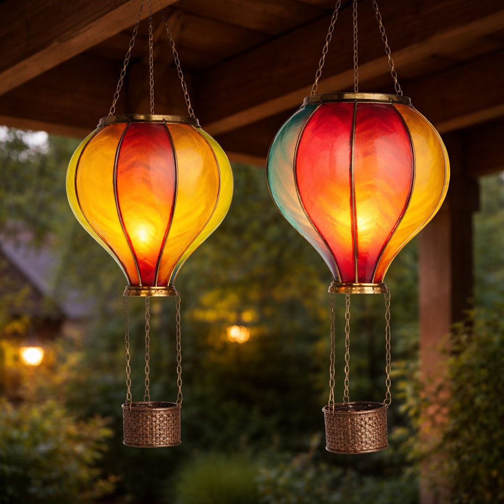 Expo Börse LED Solarleuchte, LED-Leuchtmittel fest verbaut, Warmweiß, LED Solar Außen Hängelampe Heißluftballon Gartenleuchte bunt 2er Set