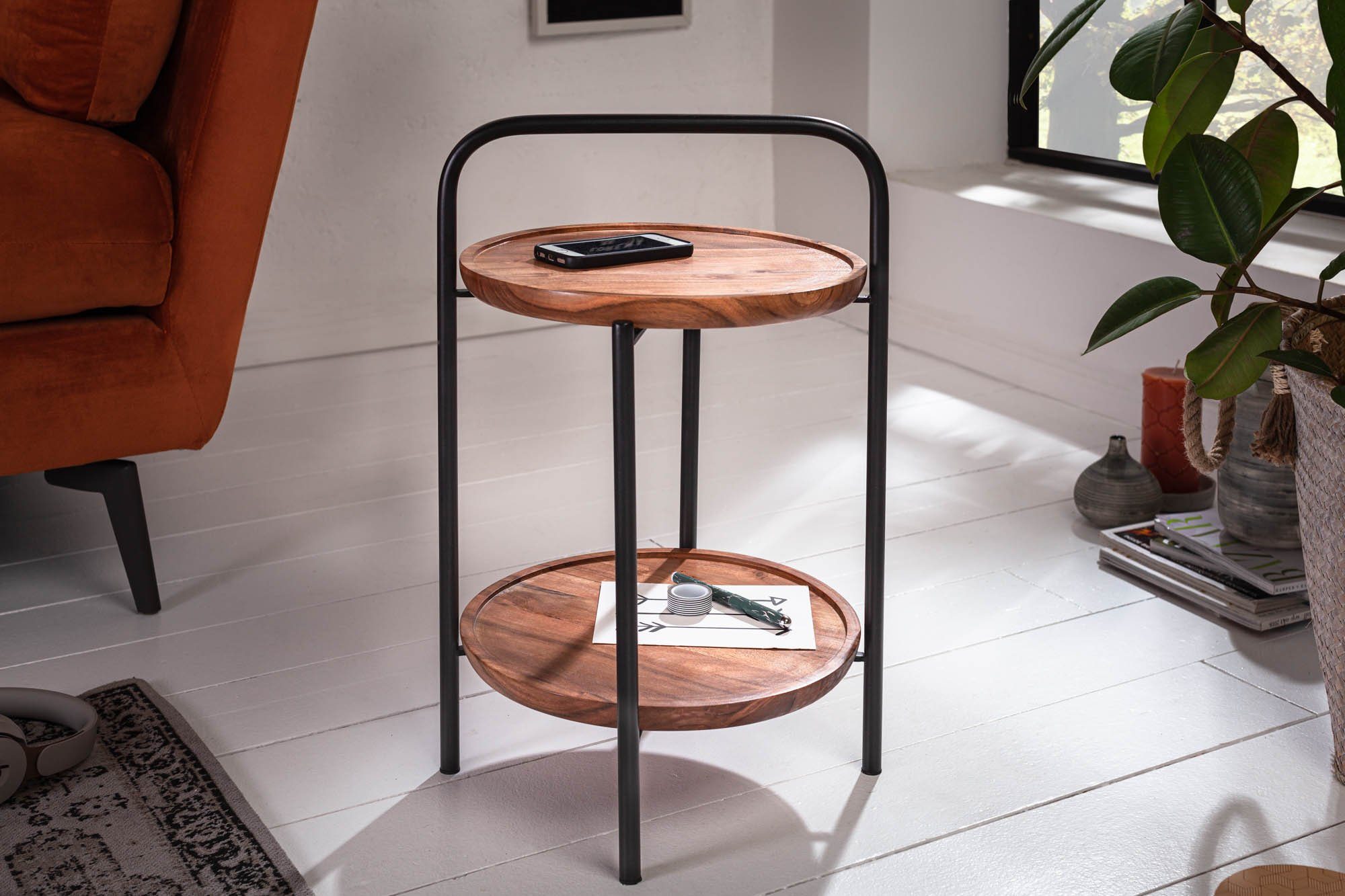 Invicta Interior Beistelltisch Eleganter Serviertisch MONSOON 37cm  Akazienholz Tablett-Tisch, Retro Design herausnehmbare Tabletts