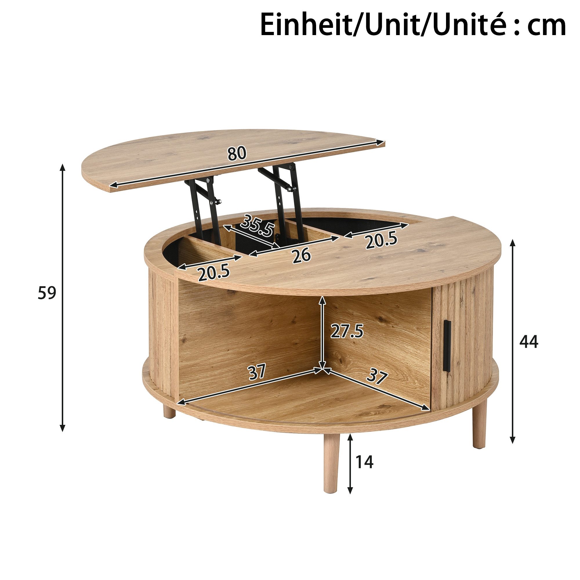 Merax Couchtisch rund Sofatisch anhebbarer Beistelltisch mit Liftfunktion im Holzoptik (1-St), Wohnzimmertisch mit Schiebetür, 4 Ablagefächern & verstecktem Sta – Bild 4 von 5