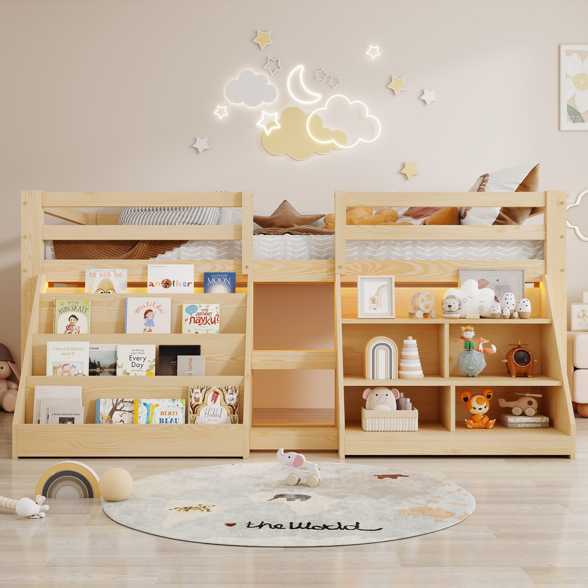 Flieks Hochbett Kinderbett Halbhochbett Holzbett 90x200cm mit 2 Stauraumregal und LED