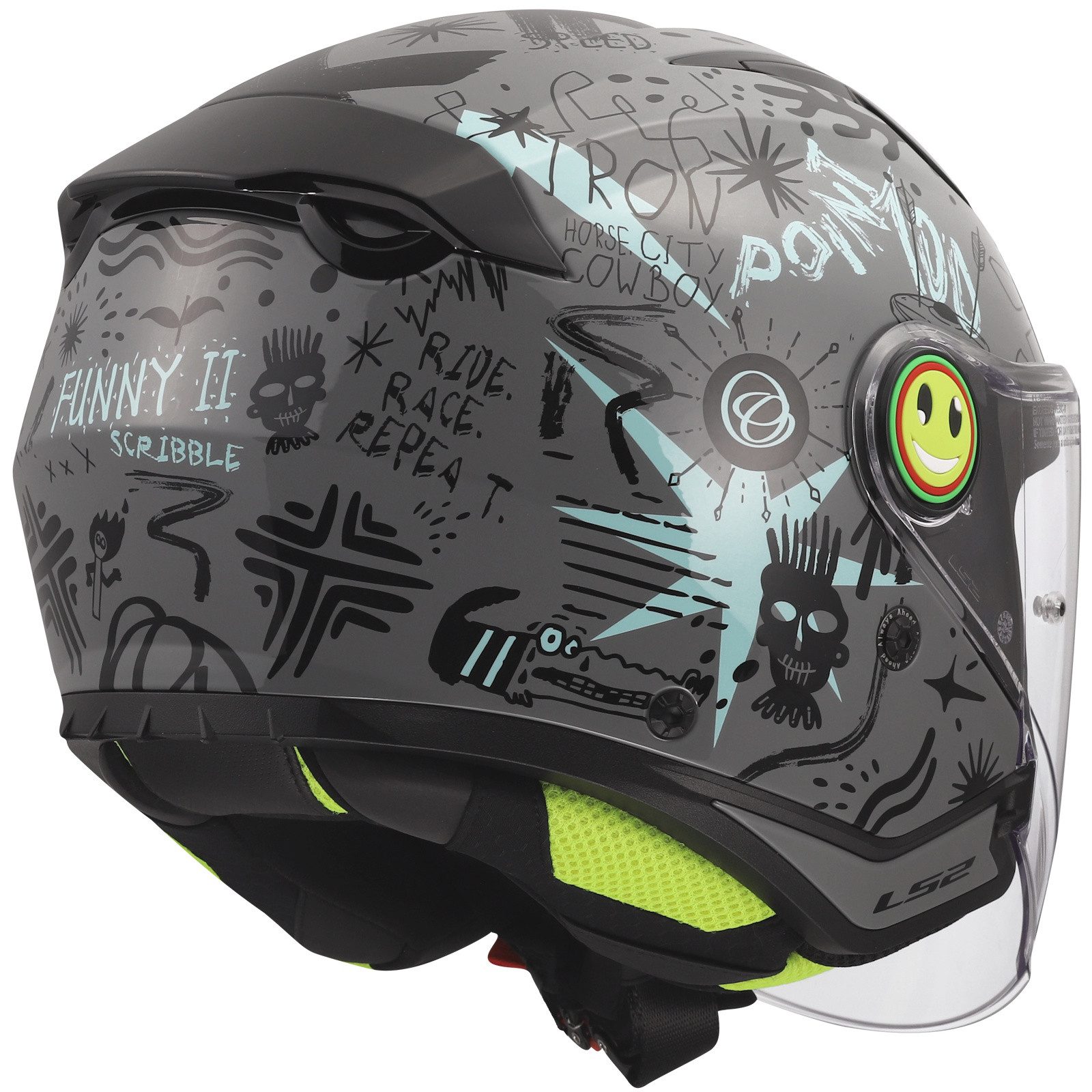 LS2 Motorradhelm LS2 OF622 Funny II Scribble Kinderhelm Grau / Blau M (1er Set), motorradhelm kinder