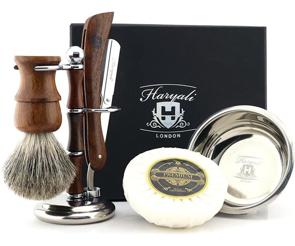 Haryali London Rasierset 5-teiliges Rasierset für den regelmäßigen Gebrauch aus edlem Holz, 5-tlg., 1x Бритва 1x Pinsel 1x Doppelständer 1x Rasierseifenschale, Hochwertiges Geschenkset für die Herrenrasur