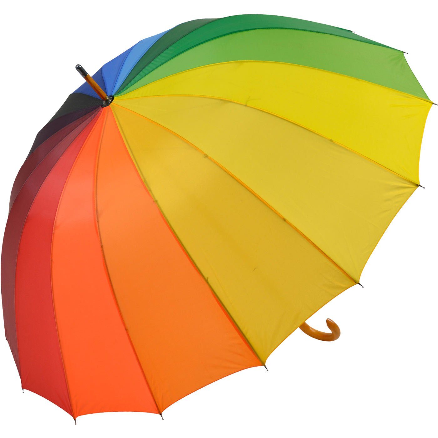 Rainbow-Look Falcone® Holzstock Langregenschirm sehr Holzgriff, bunt farbenfroh Schirm im Impliva mit Regenbogen und