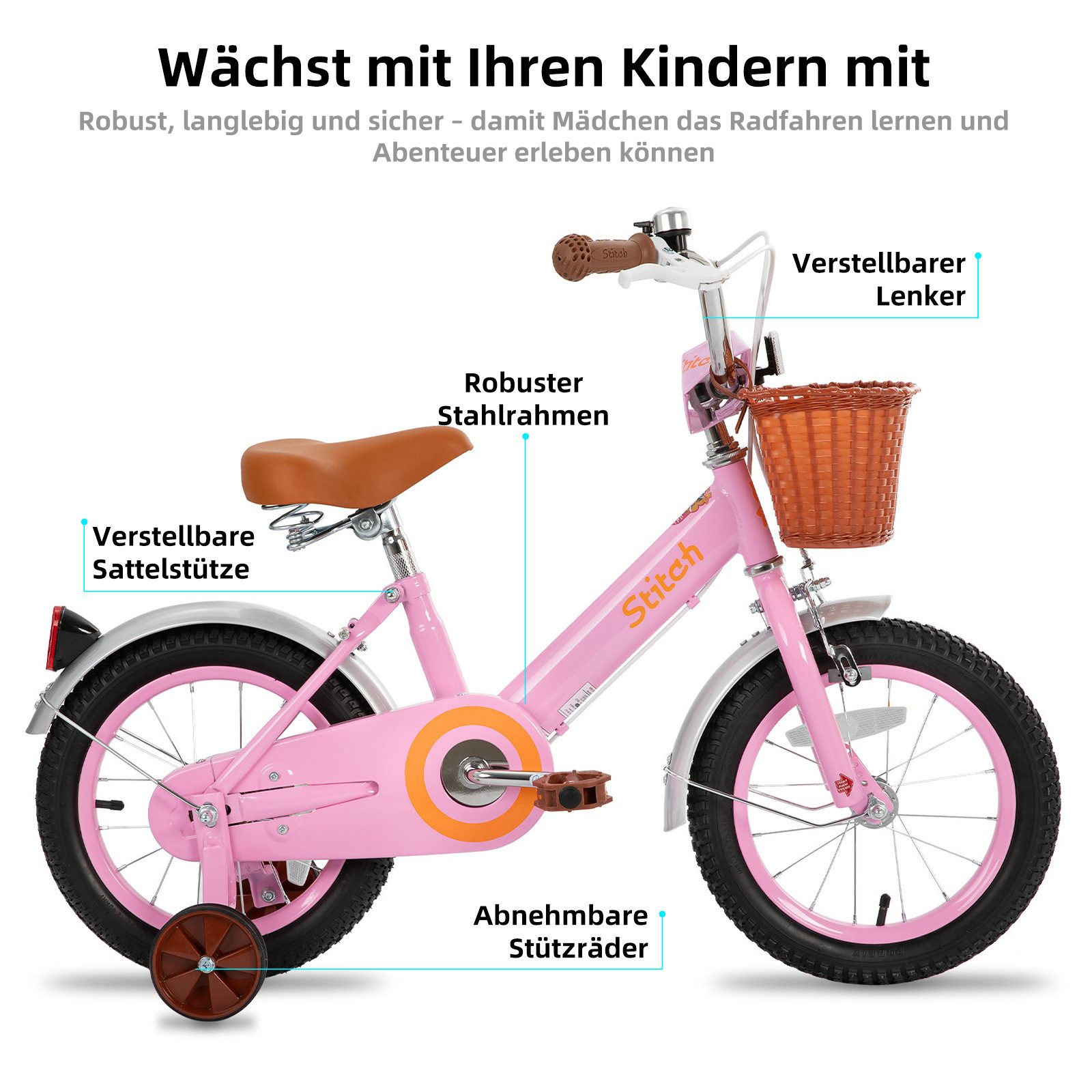 JOYSTAR Kinderfahrrad Vintage 12 14 16 18 Zoll Kinderfahrrad für 2-8 jährige Mädchen, mit Stützrädern, Kotflügel, Korb, Fahrradklingel, Reflektorplatte