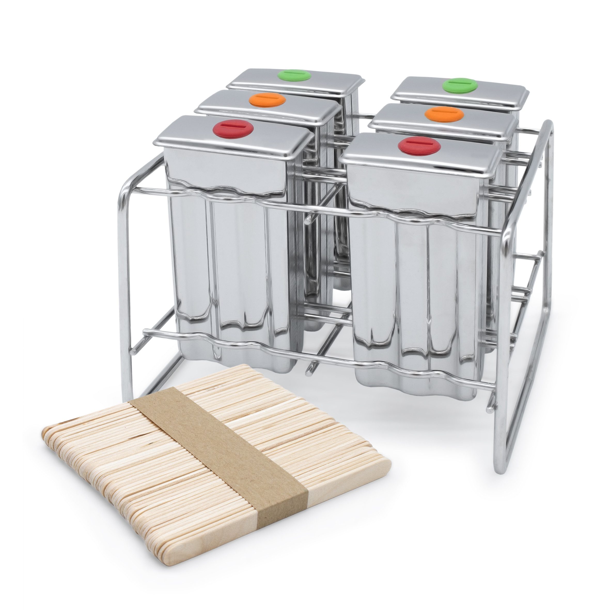 Spetebo Eisform Eisformen aus Edelstahl inklusive 50 Holz Eisstiele - 6er Set, (Set 6-tlg), Popsicle Form mit Metall Ständer für Eis am Stiel